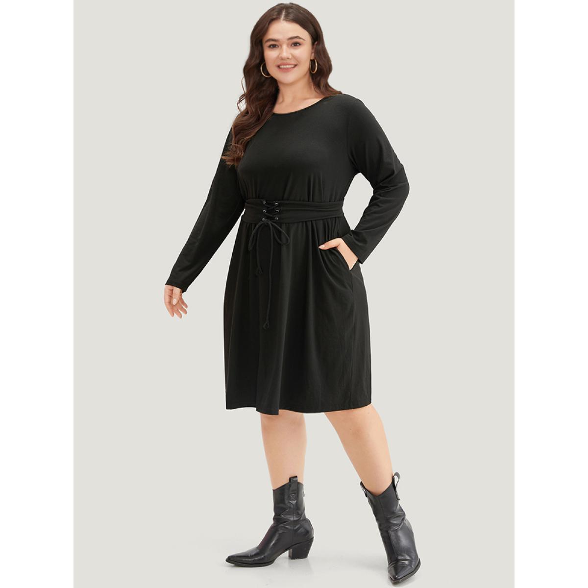 Plus Size Solid Pocket Drawstring Ties Dress Black Women Casual Plain Round Neck Long Sleeve Curvy Knee Dress BloomChic 10/M Product Image