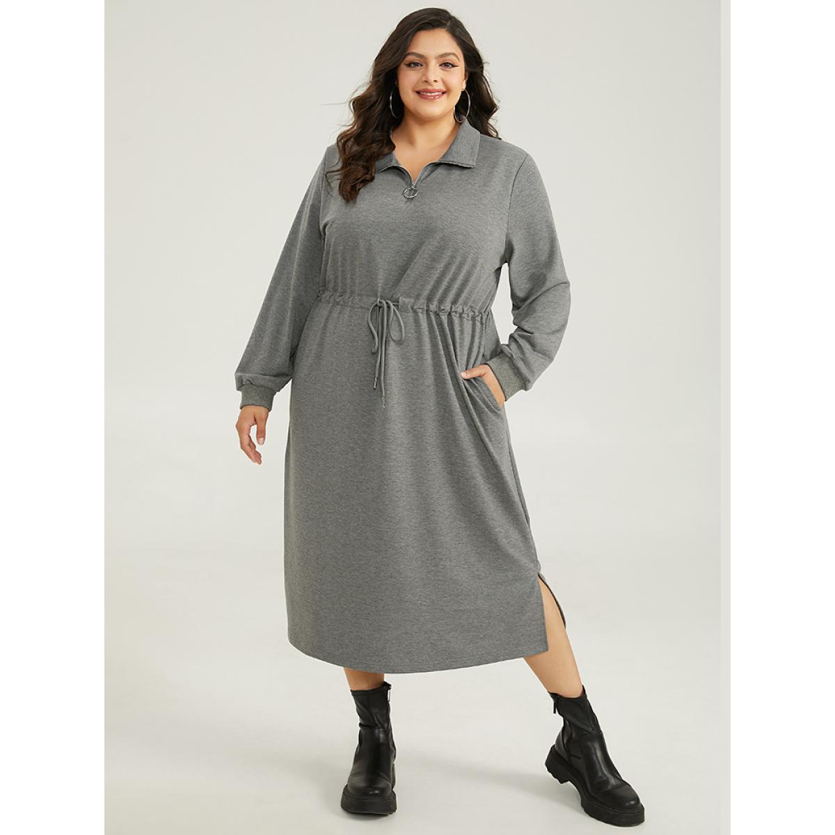 Plus Size Rib Knit Split Hem Drawstring Zipper Dress DimGray Women Casual Plain Lapel Collar Long Sleeve Curvy Midi Dress BloomChic 26/4X Product Image