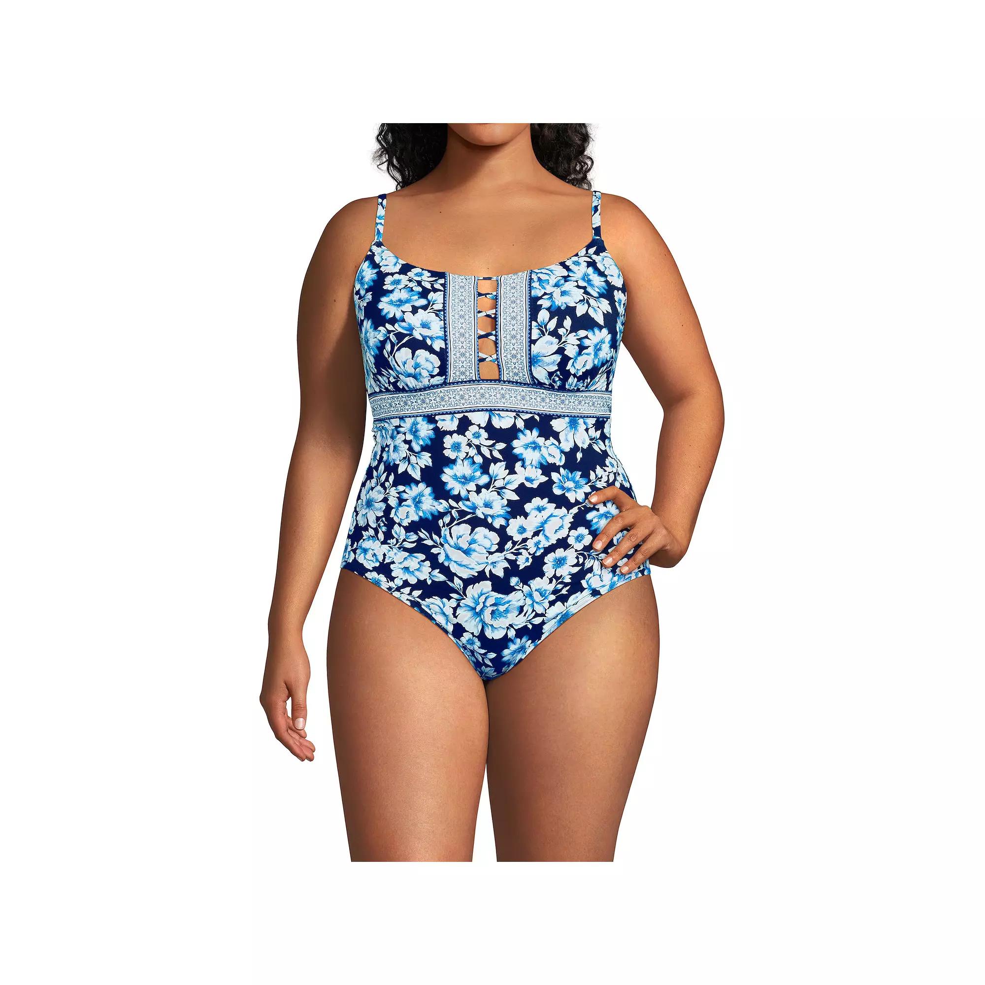 Plus Size Lands' End Lace-Up Front One-Piece Swimsuit, Women's, Size: 20 W, White Stripe Product Image