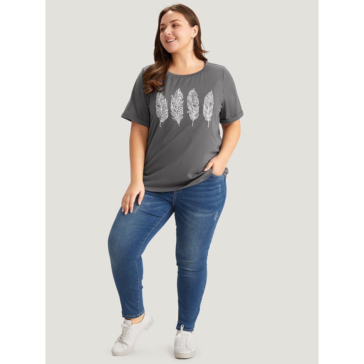 Plus Size Feather Print Roll Sleeve T-shirt DimGray Women Casual Printed Feather Dailywear T-shirts BloomChic 22-24/3X Product Image