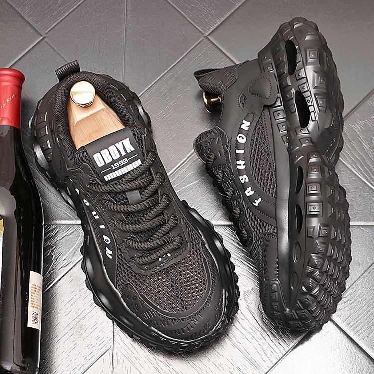 Platform Lettering Debossed Mesh Panel Lace-Up Sneakers Product Image