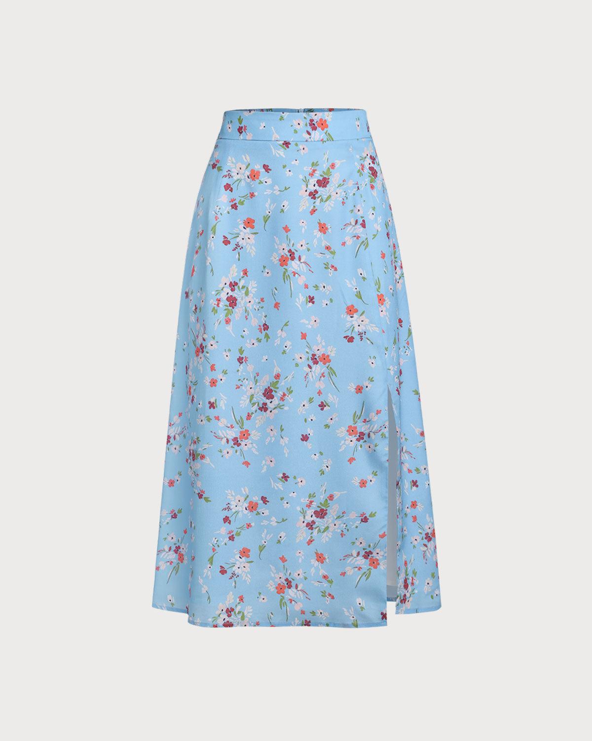 Blue Floral Slit A-Line Midi Skirt Product Image