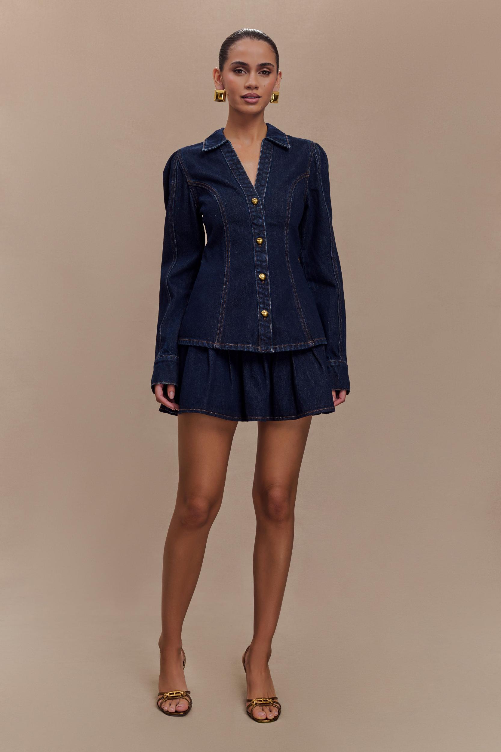 Candice Pleated Denim Mini Skirt - Indigo Blue Product Image