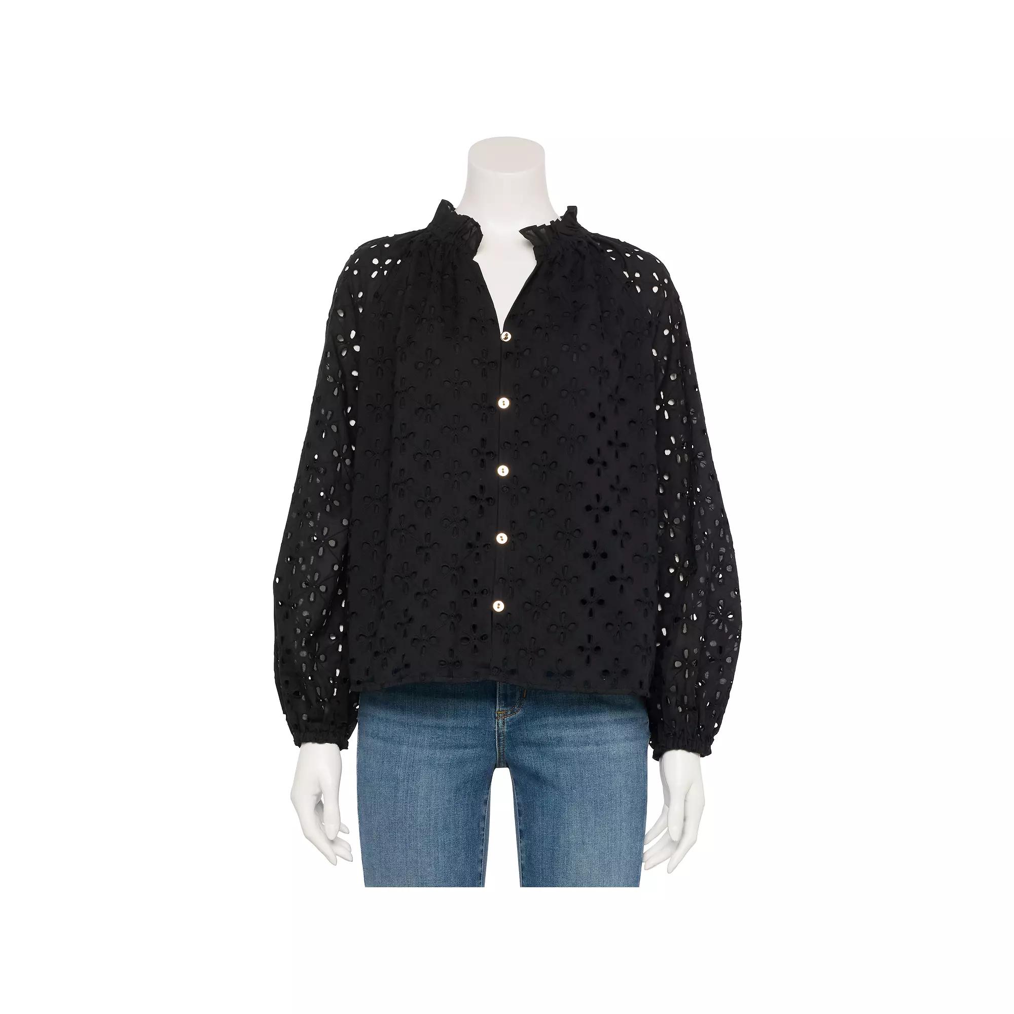 Women's Nine West Adaptive Ruffle Collar Blouse, Size: Large, Mineral Black Product Image