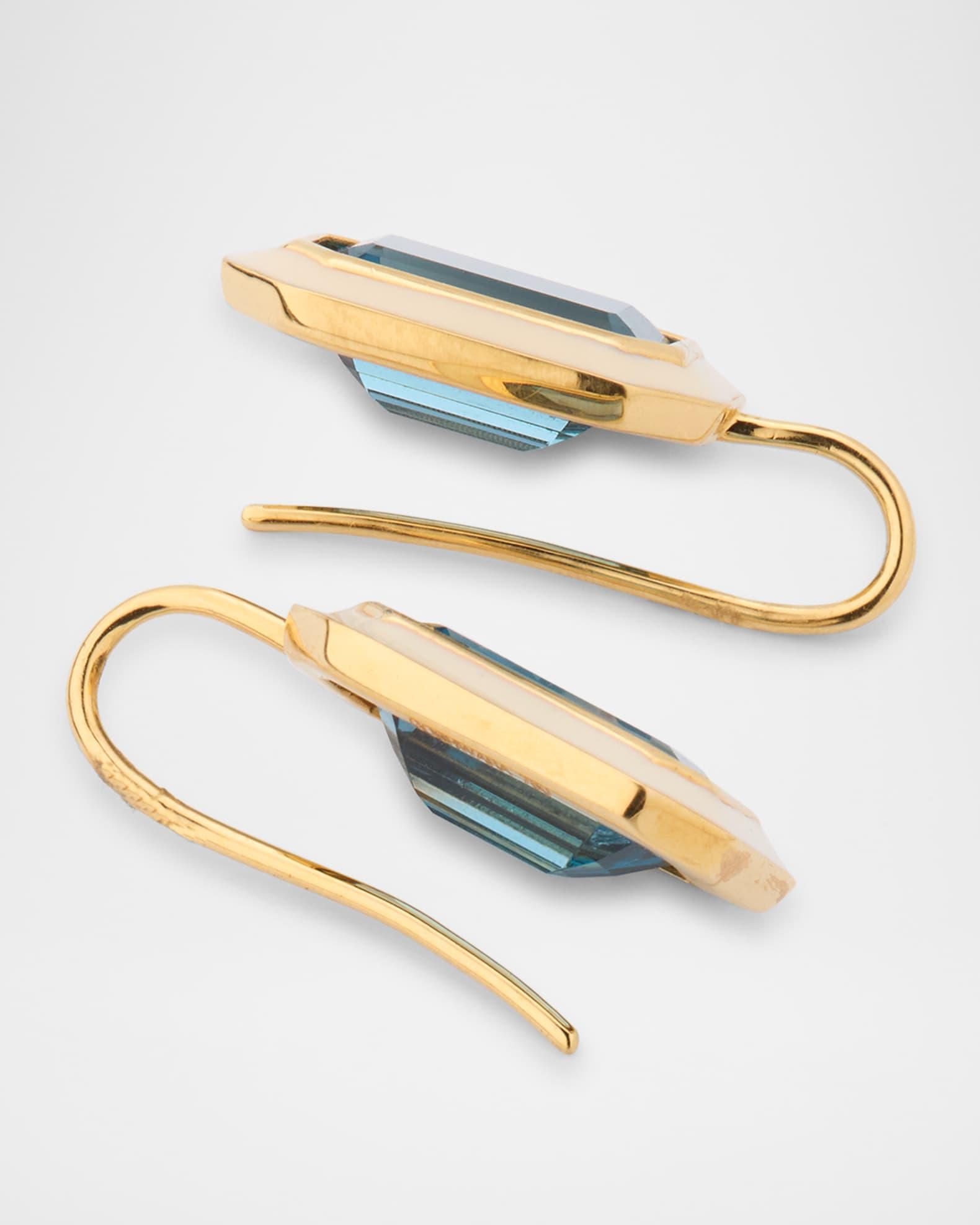 18K Yellow Gold London Blue Topaz Emerald Cut Earrings with White Enamel Product Image