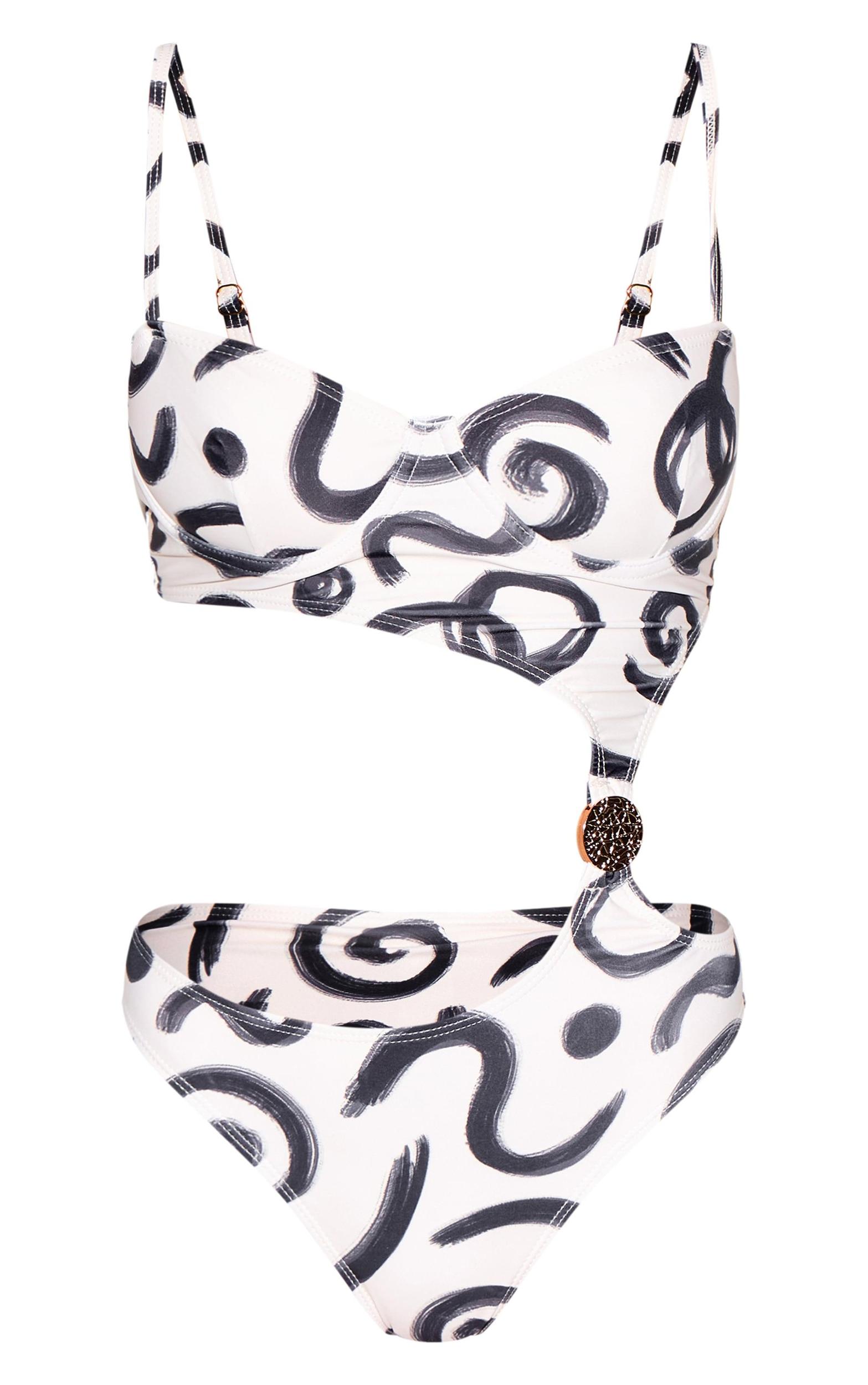 Monochrome Swirl Print Underwired Cut Out Swimsuit Product Image