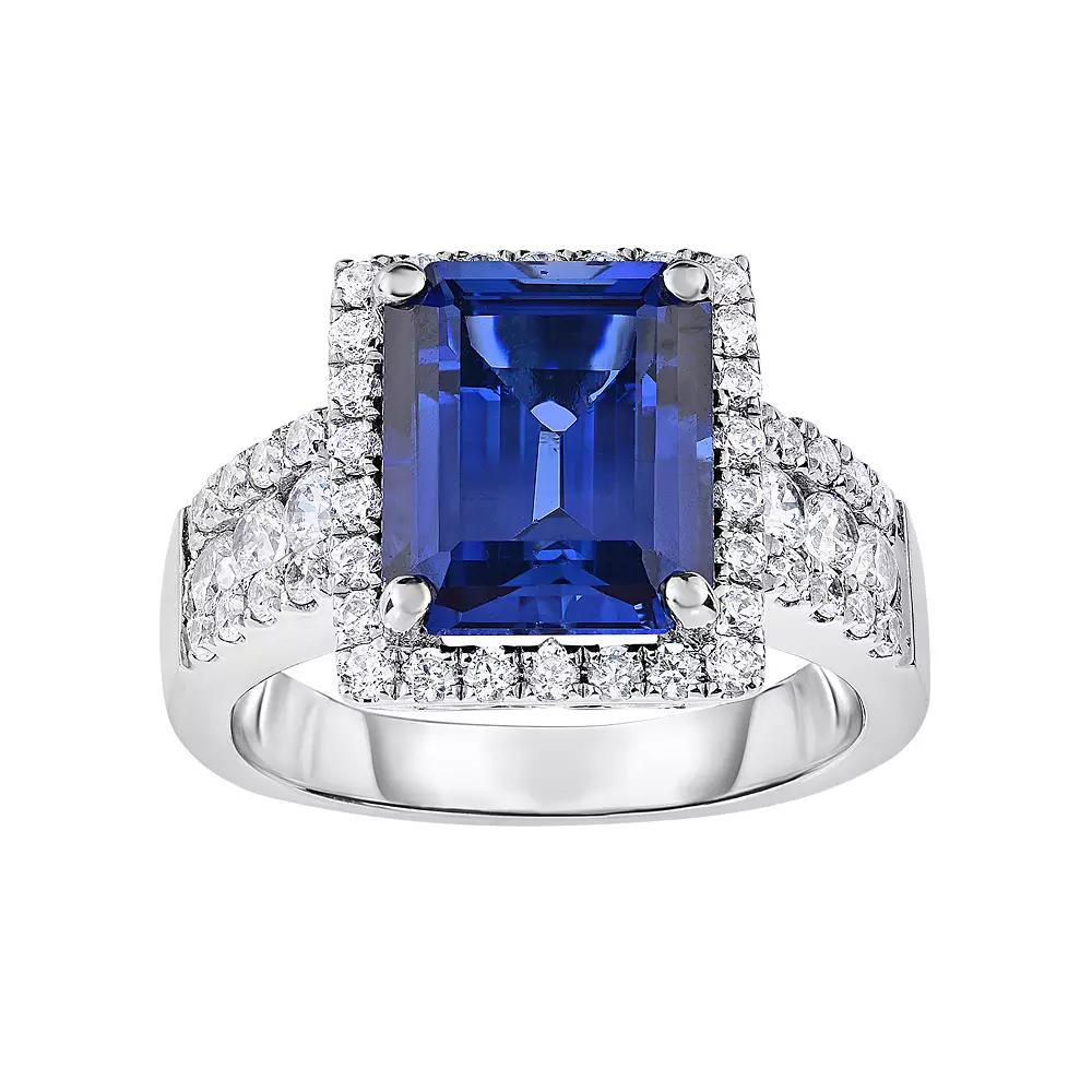Sterling Silver Lab-Created Sapphire & Cubic Zirconia Square Halo Ring, Women's, Size: 7 Product Image