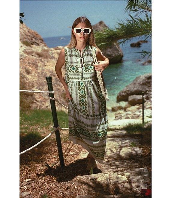 ELAN Geometric Print Tassel Split V-Neck Sleeveless Midi Dress Product Image