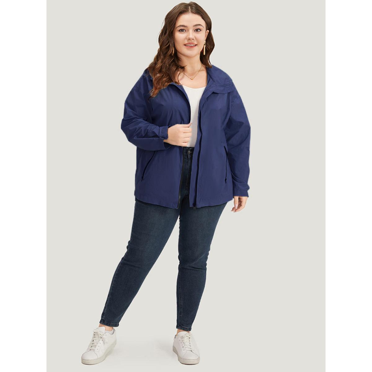 Plus Size Plain Hooded Pocket Zipper Fly Jacket Women DarkBlue Plain Pocket Dailywear Jackets BloomChic 14-16/1X Product Image