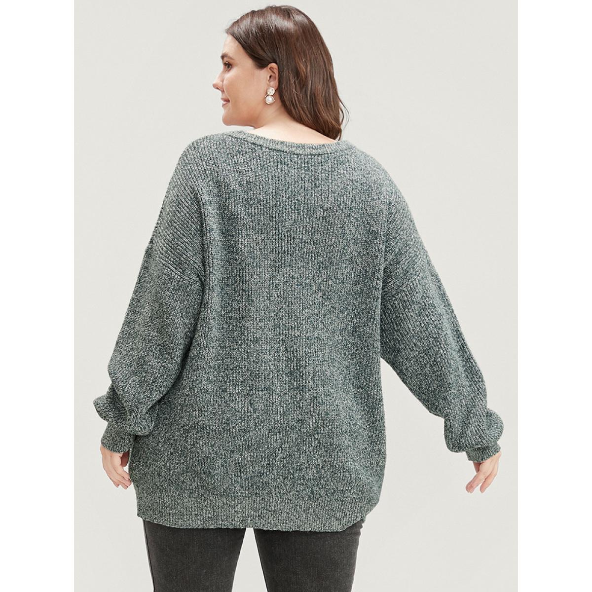 Plus Size Solid Pointelle Knit Round Neck Cut Out Heather Knit Top Cyan Women Casual Loose Long Sleeve Round Neck Dailywear Pullovers BloomChic 26/4X Product Image
