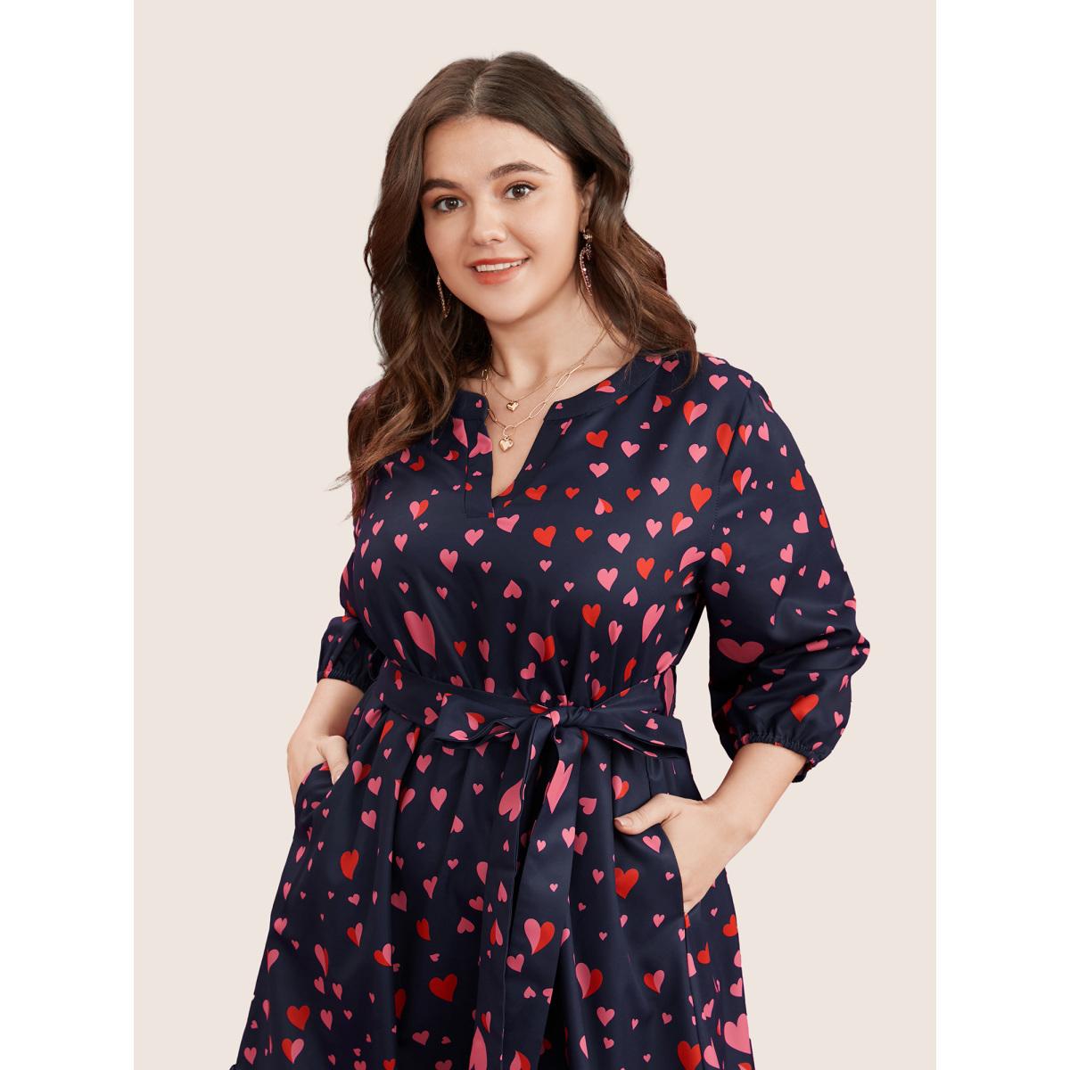 Plus Size Heart Print V Neck Pocket Belted Lantern Sleeve Ruffles Dress Navy Women Elegant Non V-neck Elbow-length sleeve Curvy Midi Dress BloomChic 10/M Product Image