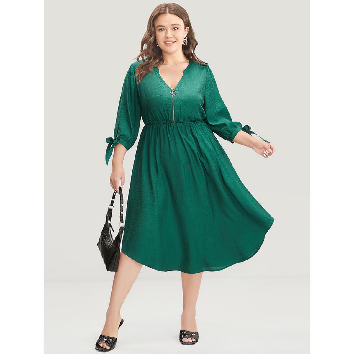 Plus Size Solid Pocket Knot Sleeve Half Zipper Arc Hem Dress DarkGreen Women Office Cross straps V-neck Elbow-length sleeve Curvy Midi Dress BloomChic 28/5X Product Image