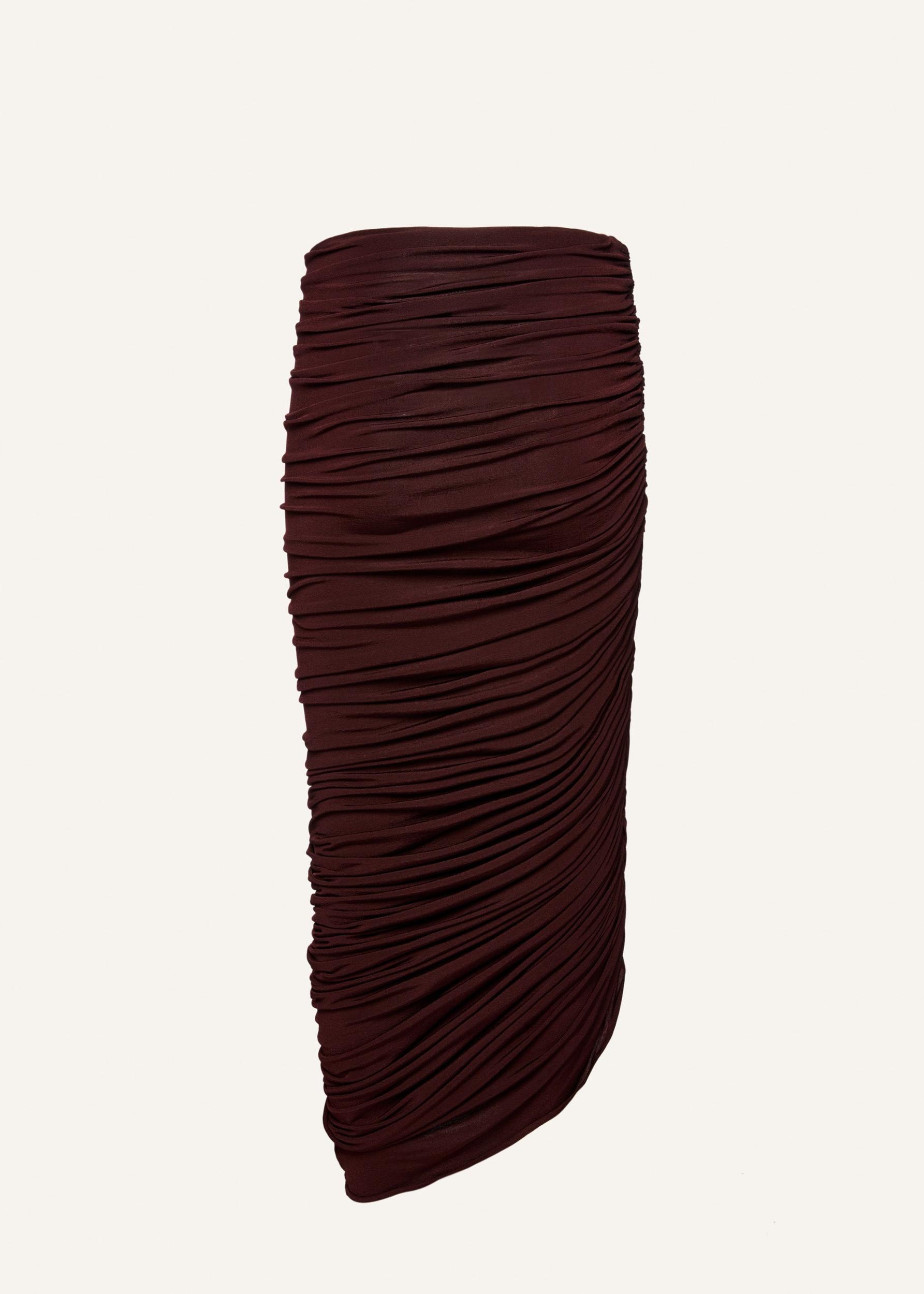 Asymmetrical draped midi skirt in bordeaux Product Image