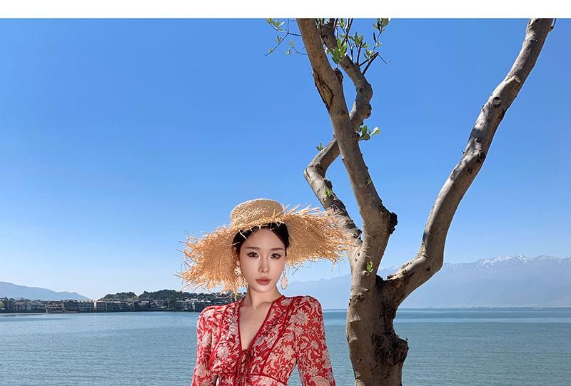 Long-Sleeve V-Neck Floral Print Tie Front Maxi A-Line Dress Product Image