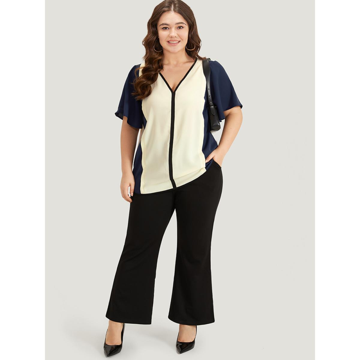 Plus Size Beige Contrast Patchwork V Neck Ruffle Sleeve Blouse Women Office Short sleeve V-neck Work Blouses BloomChic 14-16/1X Product Image