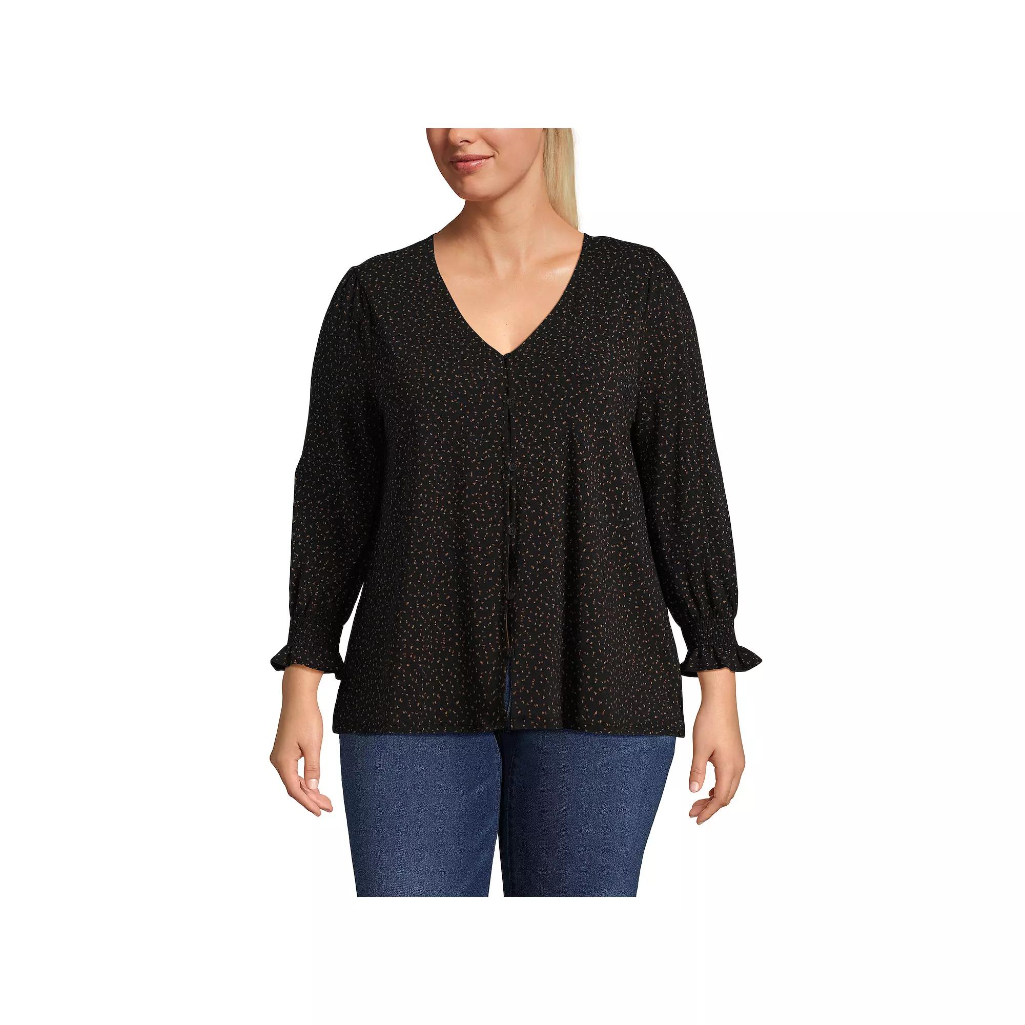 Plus Size Lands End 3/4 Sleeve Lightweight Jersey Button Front Top, Womens Product Image