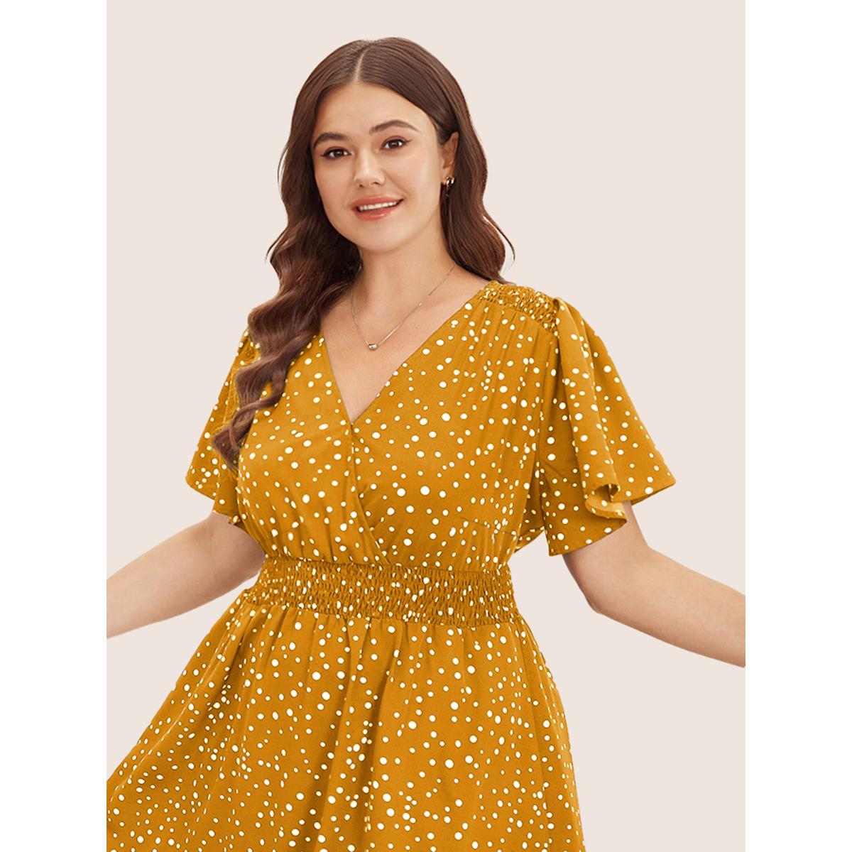 Plus Size Polka Dot Wrap Pocket Shirred Ruffle Sleeve Dress Yellow Women Elegant Patchwork Curvy Midi Dress BloomChic 30/6X Product Image