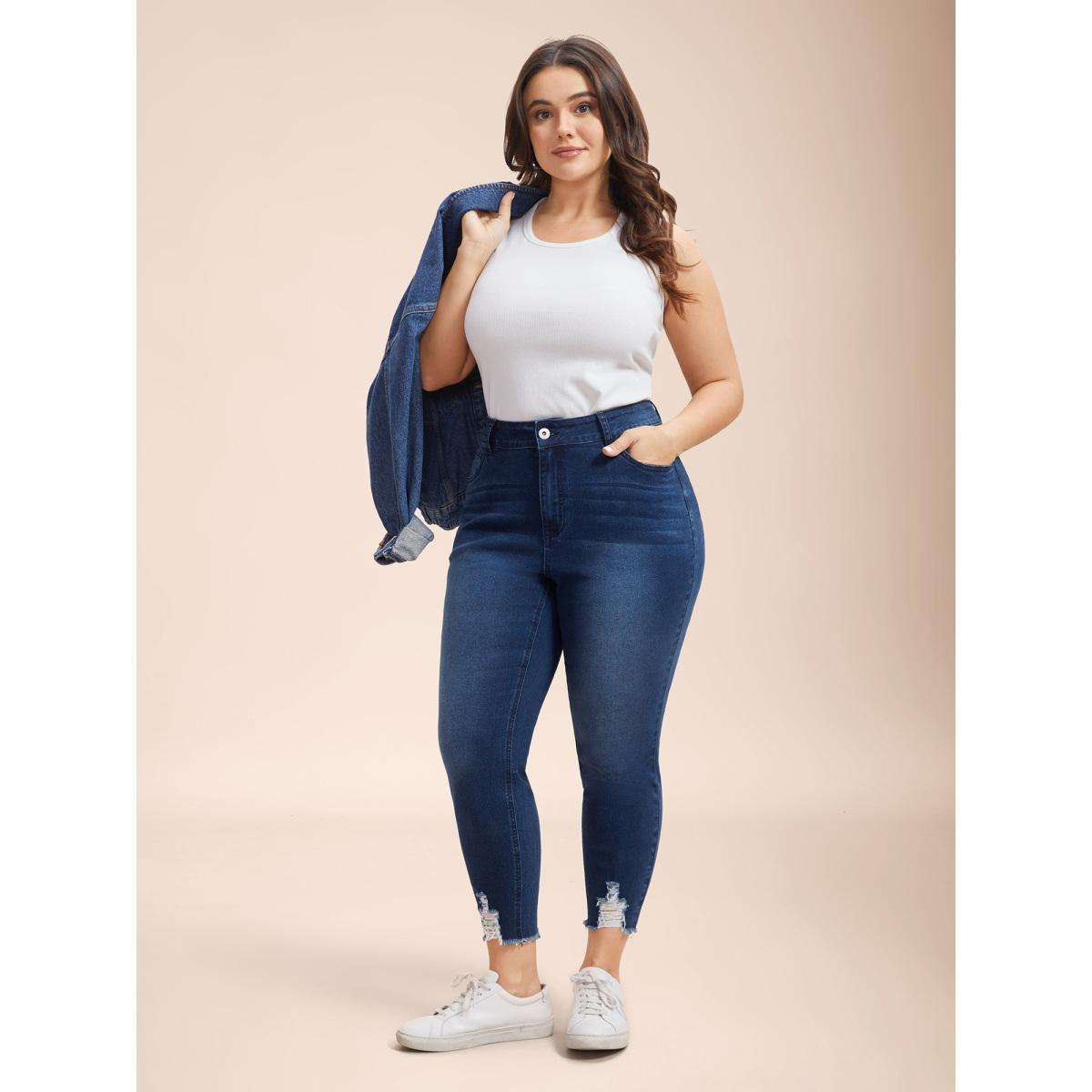 Plus Size Mid-Rise Whiskered Slim-Fit Jeans Women Bluevintage Leisure High stretch Slanted pocket Jeans BloomChic 24/3X Product Image