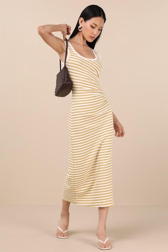 Edeva Yellow and Ivory Striped Knit Midi Dress Product Image