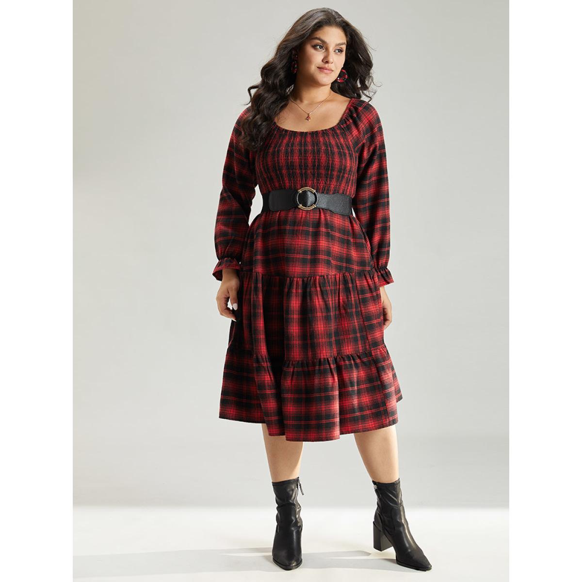 Plus Size Plaid Shirred Pocket Ruffle Trim Midi Dress Raspberry Women Elegant Gathered Square Neck Long Sleeve Curvy Midi Dress BloomChic 14-16/1X Product Image