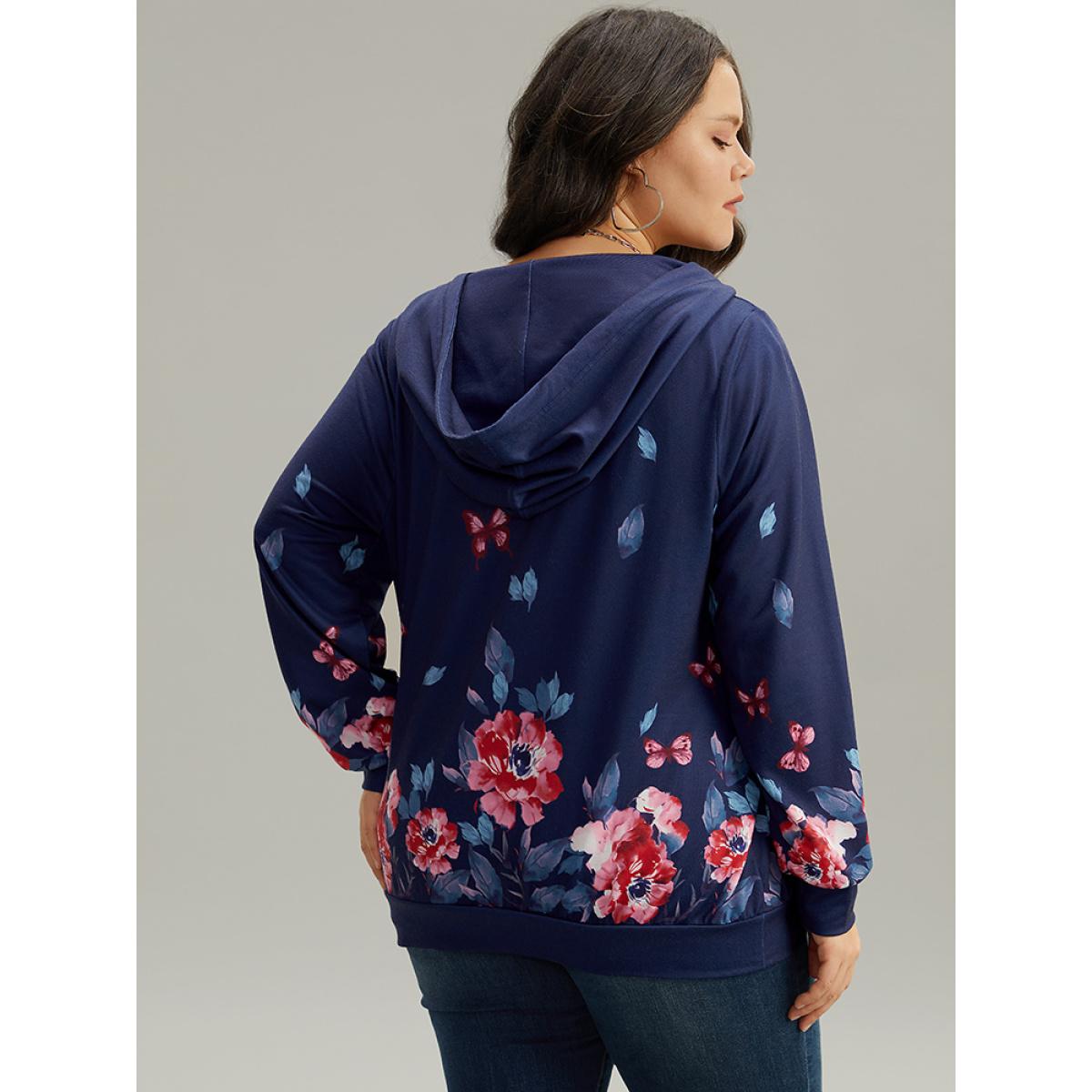 Plus Size Floral & Butterfly Print Hooded Drawstring Sweatshirt Women Multicolor Casual Printed Hooded Dailywear Sweatshirts BloomChic 12/L Product Image