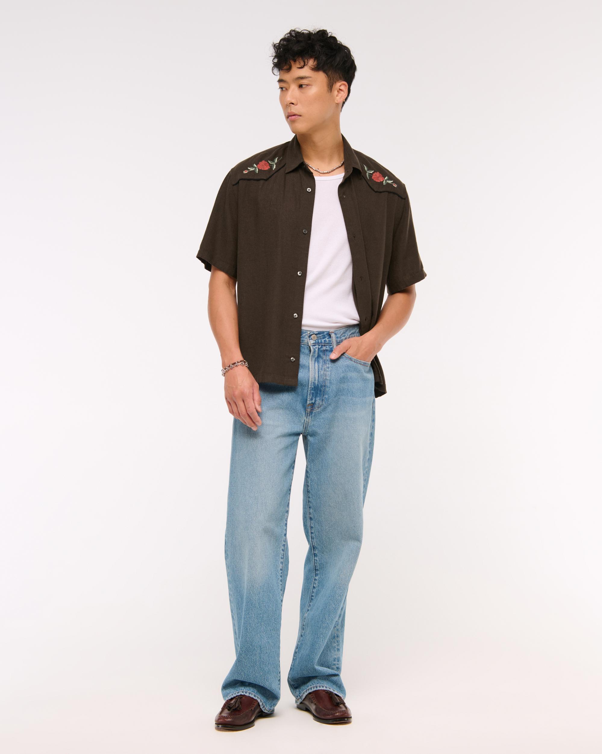 Short-Sleeve Summer Linen-Blend Button-Up Shirt Product Image