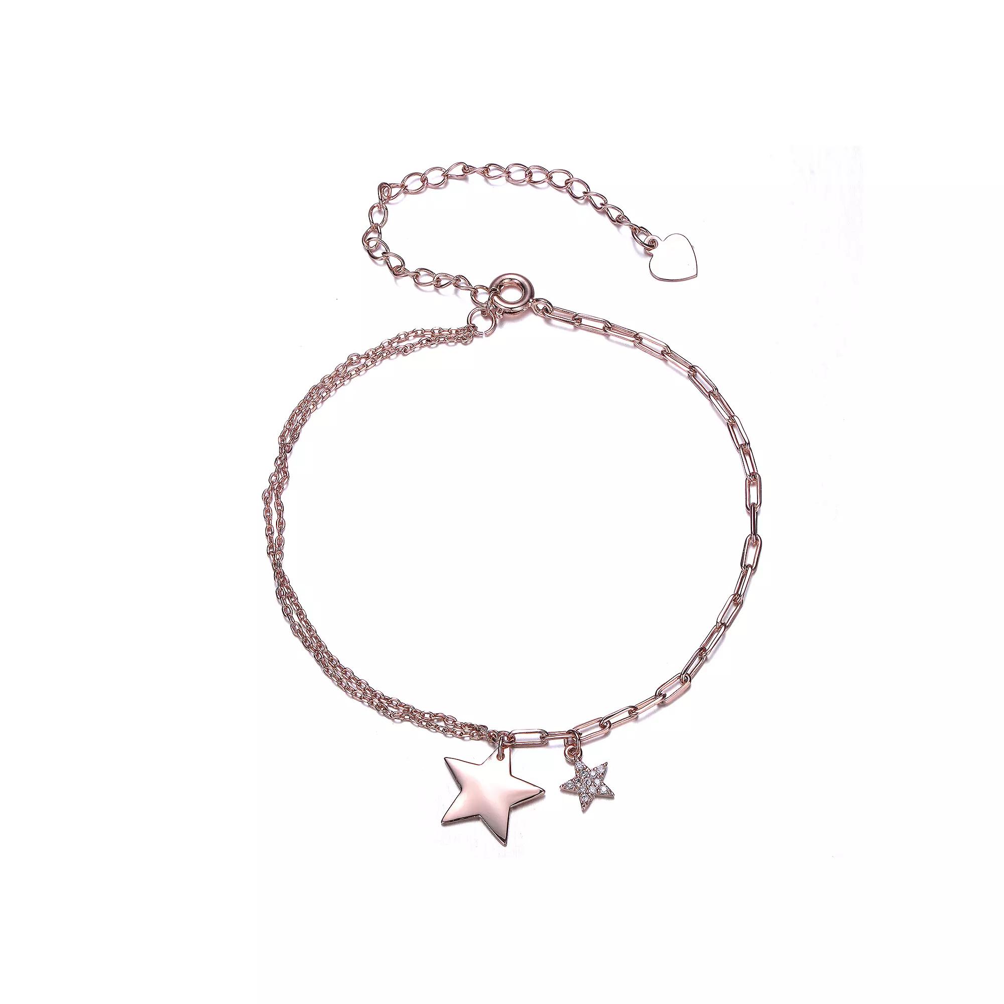 18k Rose Gold Plated Cubic Zirconia Double Star Charms Bracelet, Womens Pink Tone Product Image
