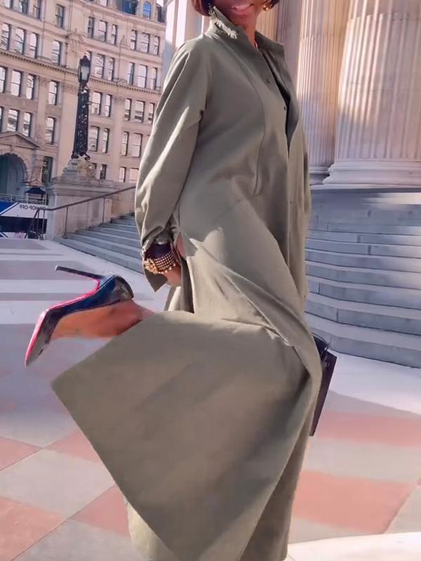 Long Sleeves Loose Solid Color Split-Joint Split-Side Lapel Maxi Dresses Shirt Dress Product Image