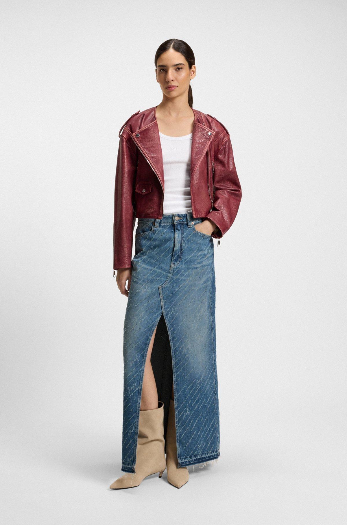 Denim skirt with logo pinstripe pattern and front slit Product Image