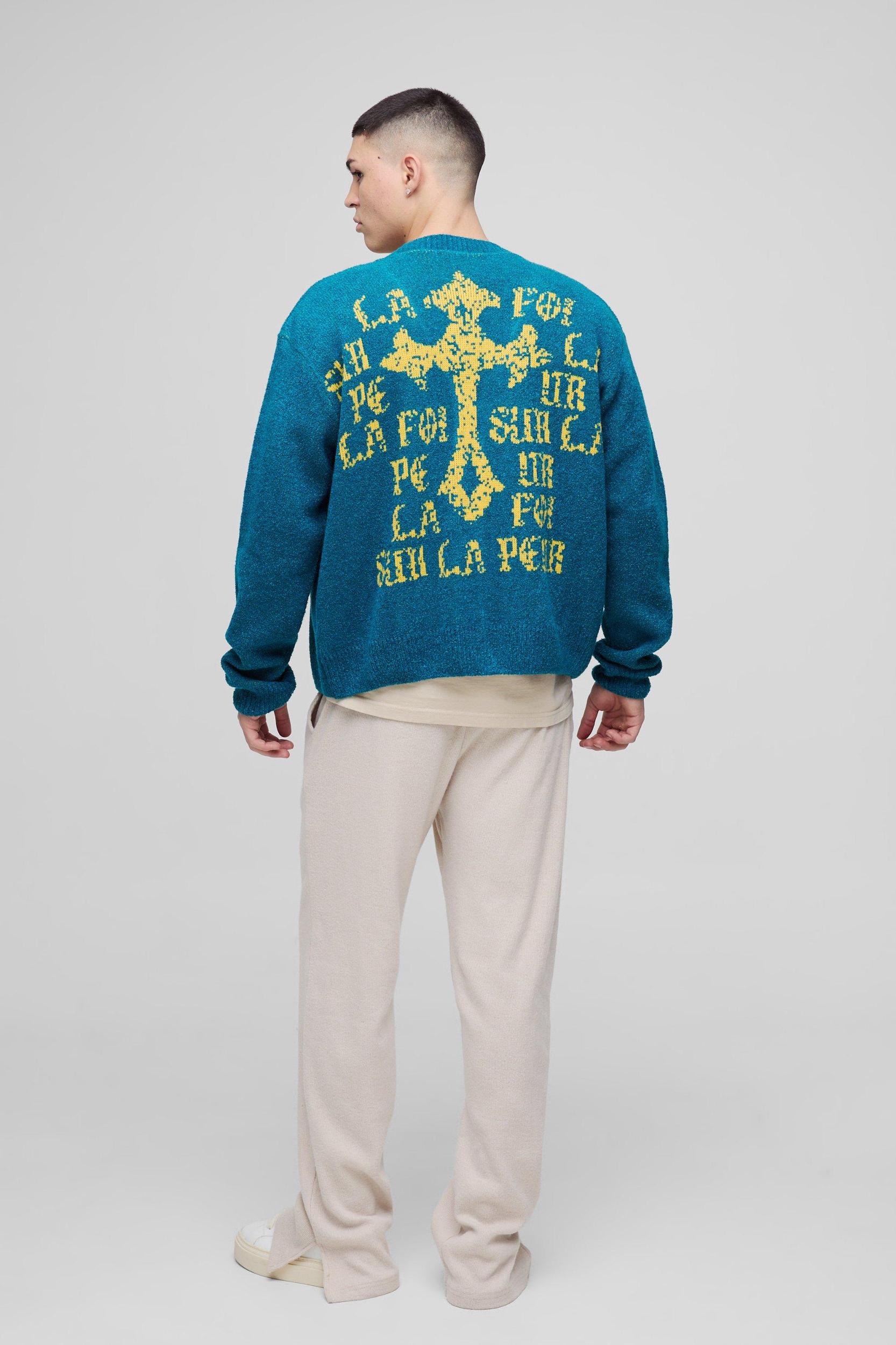 Boxy Cross Graphic Brushed Knitted Cardigan | boohooMAN USA Product Image