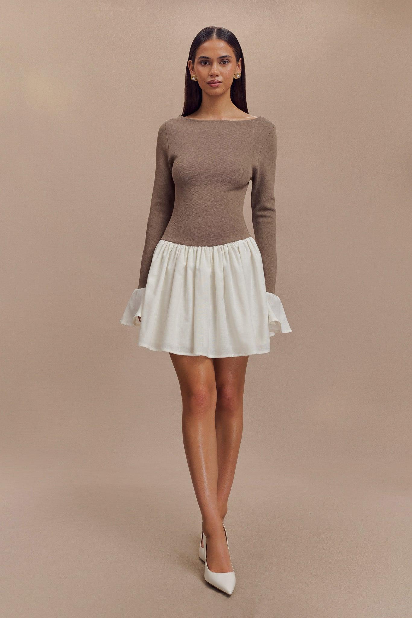 Sansa Knit And Linen Mini Dress - Smoke & Ivory Product Image