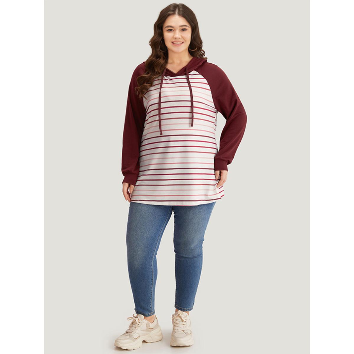 Plus Size Striped Patchwork Contrast Hooded Raglan Sleeve Sweatshirt Women Multicolor Casual Elastic cuffs Hooded Dailywear Sweatshirts BloomChic 10/M Product Image