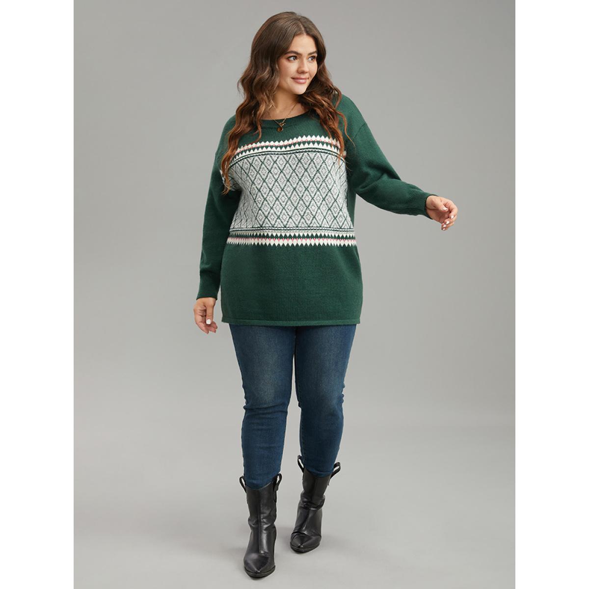 Plus Size Supersoft Essentials Round Neck Geometric Pullover DarkGreen Women Casual Loose Long Sleeve Round Neck Dailywear Pullovers BloomChic 12/L Product Image