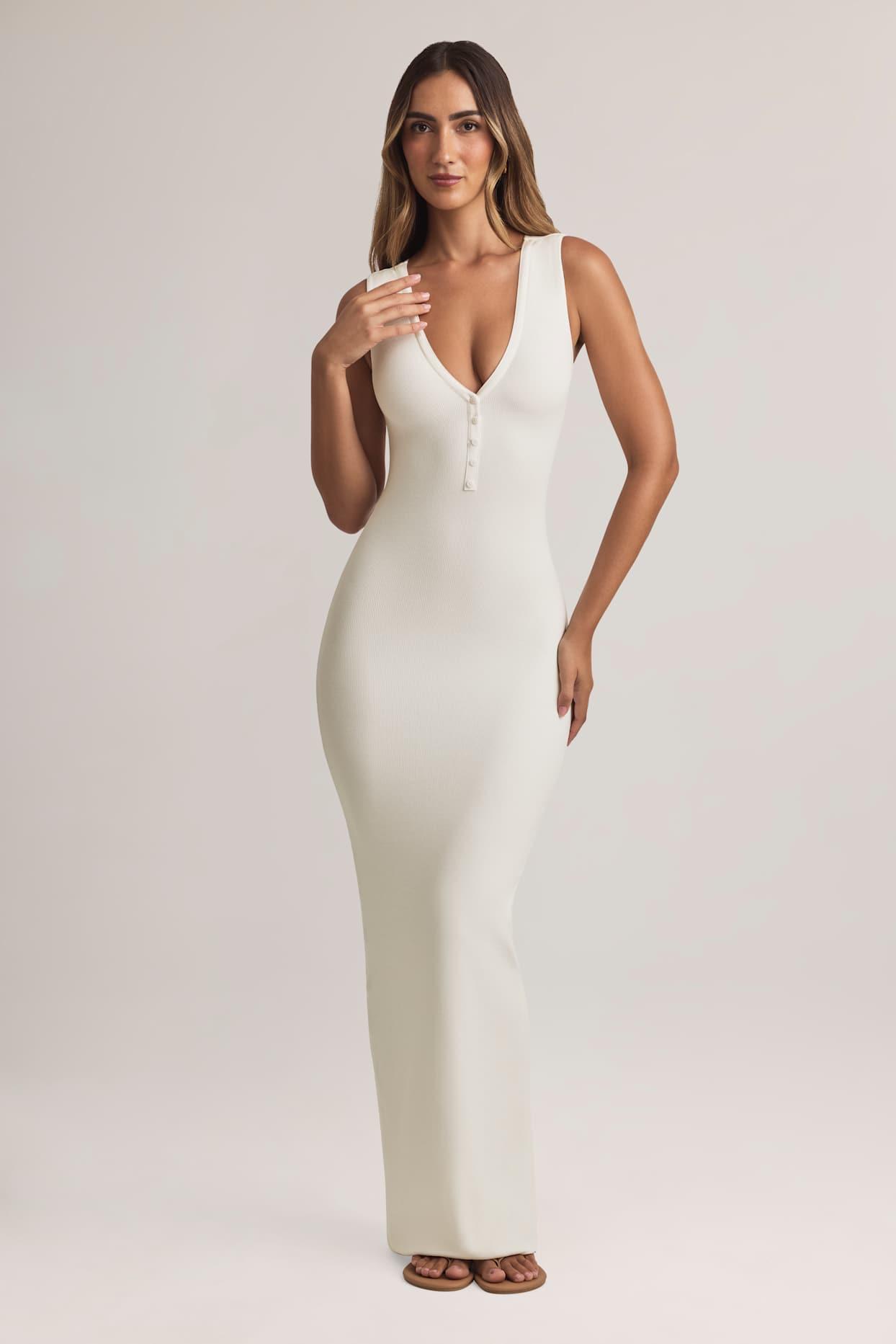 Modal Button-Detail Maxi Dress in White Product Image