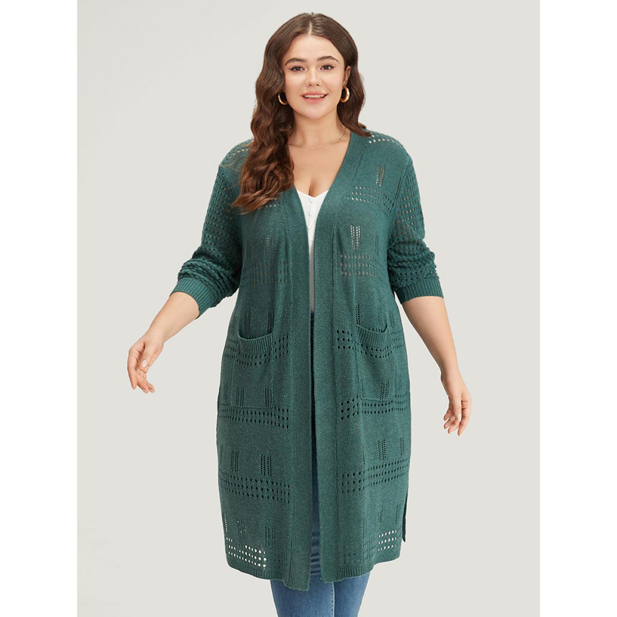 Plus Size Solid Split Side Open Front Maxi Cardigan Emerald Women Casual Loose Long Sleeve Dailywear Cardigans BloomChic 28/5X Product Image