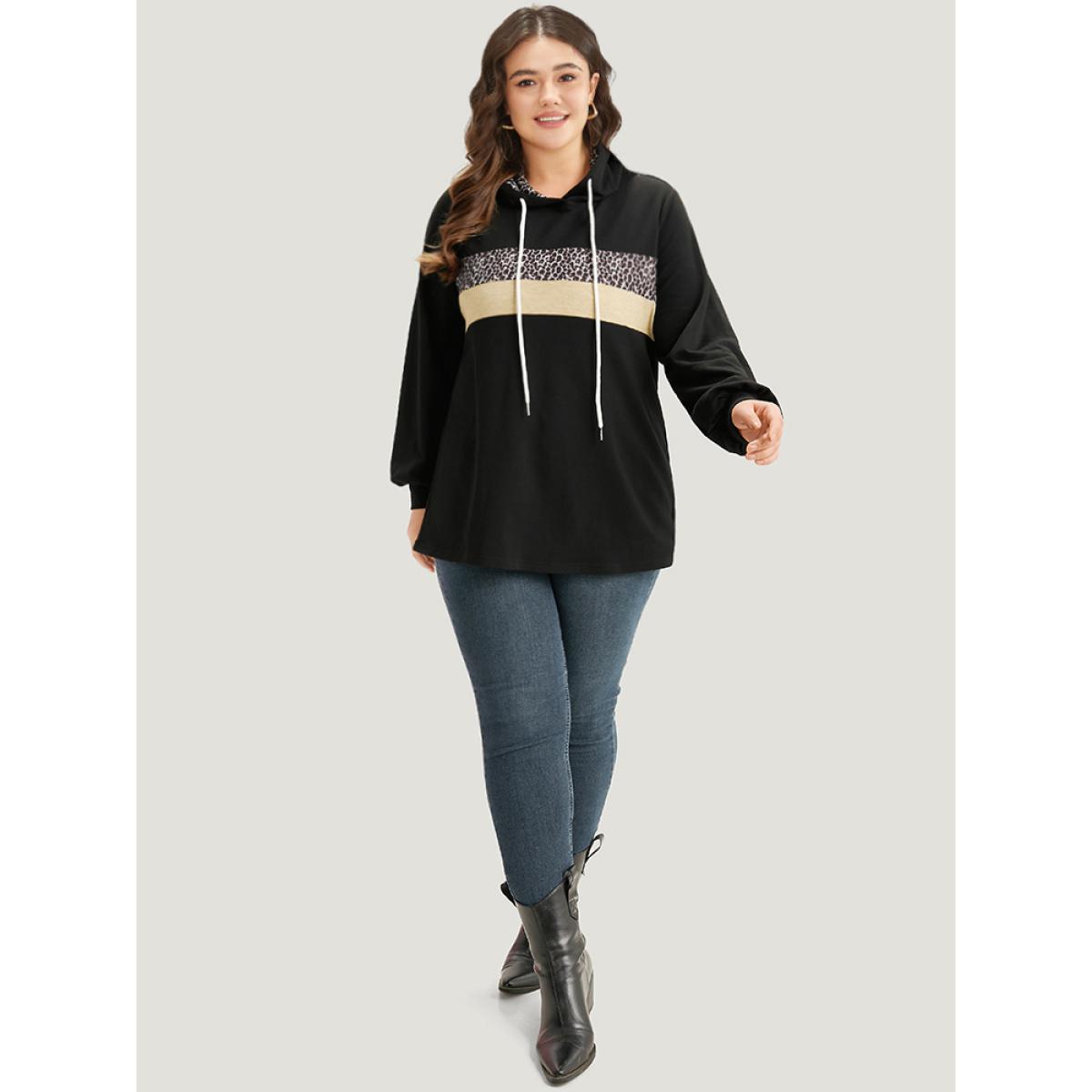 Plus Size Leopard Patchwork Contrast Hooded Drawstring Sweatshirt Women Black Casual Elastic cuffs Hooded Dailywear Sweatshirts BloomChic 26/4X Product Image