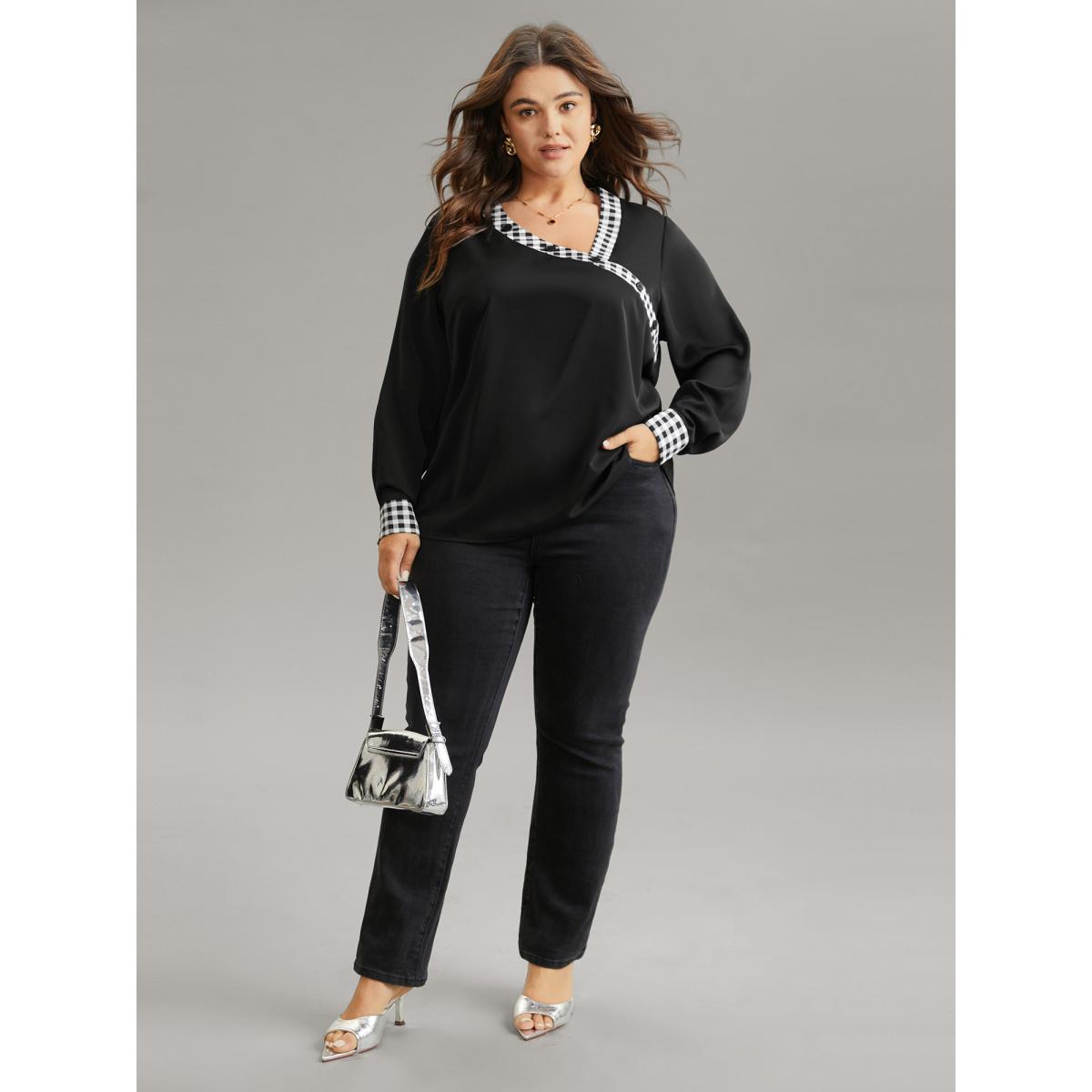 Plus Size Black Checkered Patchwork Asymmetrical Neck Button Detail Blouse Women Office Long Sleeve Asymmetrical Neck Office Blouses BloomChic 22-24/3X Product Image