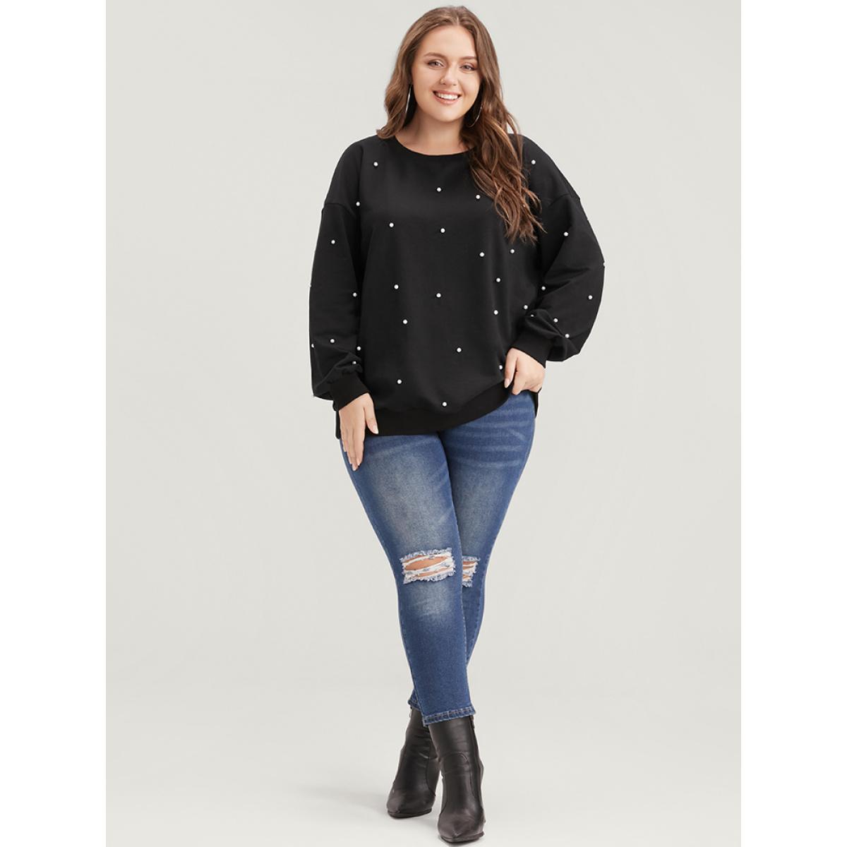 Plus Size Solid Pearl Beaded Drop Shoulder Sweatshirt Women Black Party Beaded Round Neck Going out Sweatshirts BloomChic 10/M Product Image