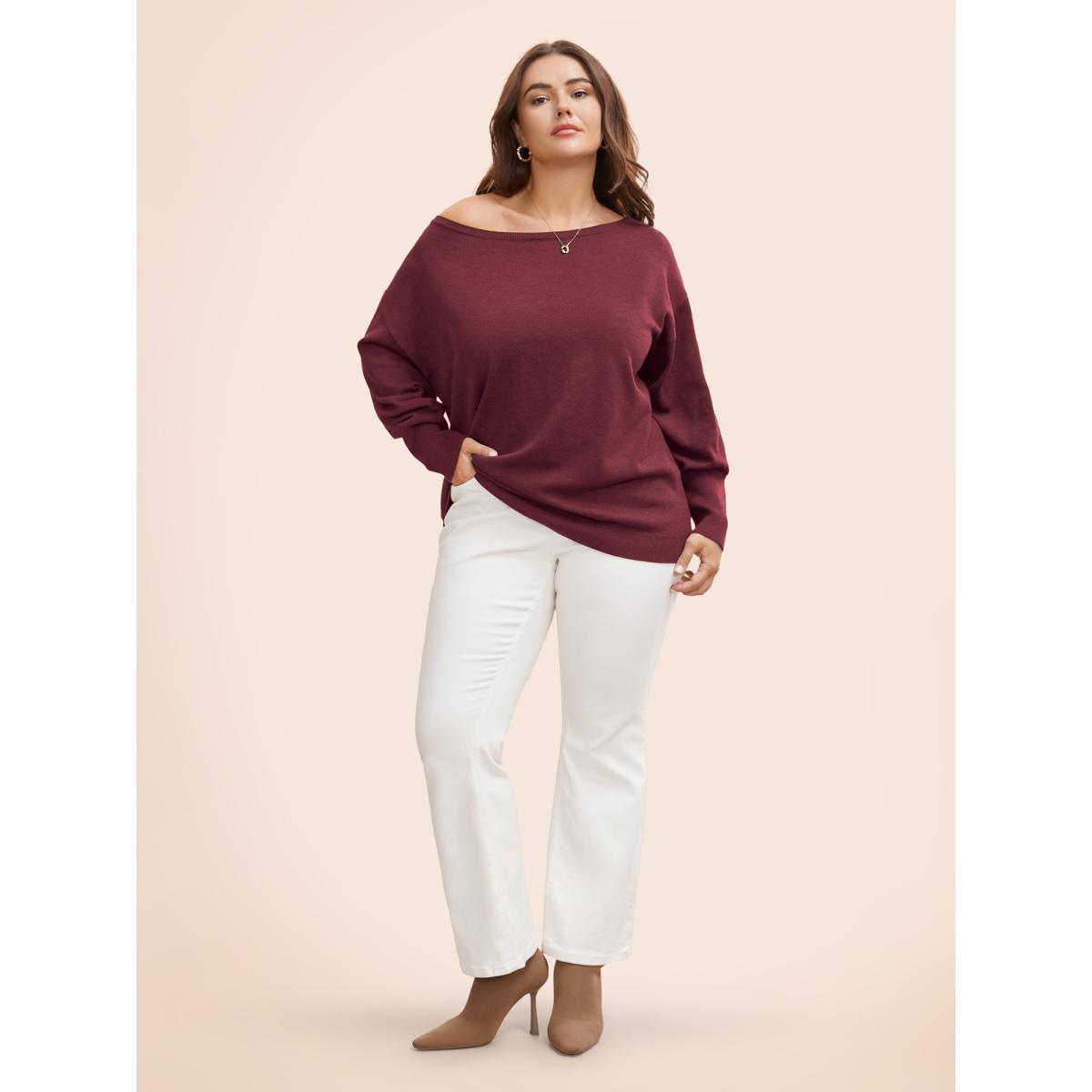 Plus Size Supersoft Essentials Boat Neck Drop Shoulder Pullover Deepred Women Elegant Long Sleeve Boat Neck Everyday Pullovers BloomChic 28/5X Product Image