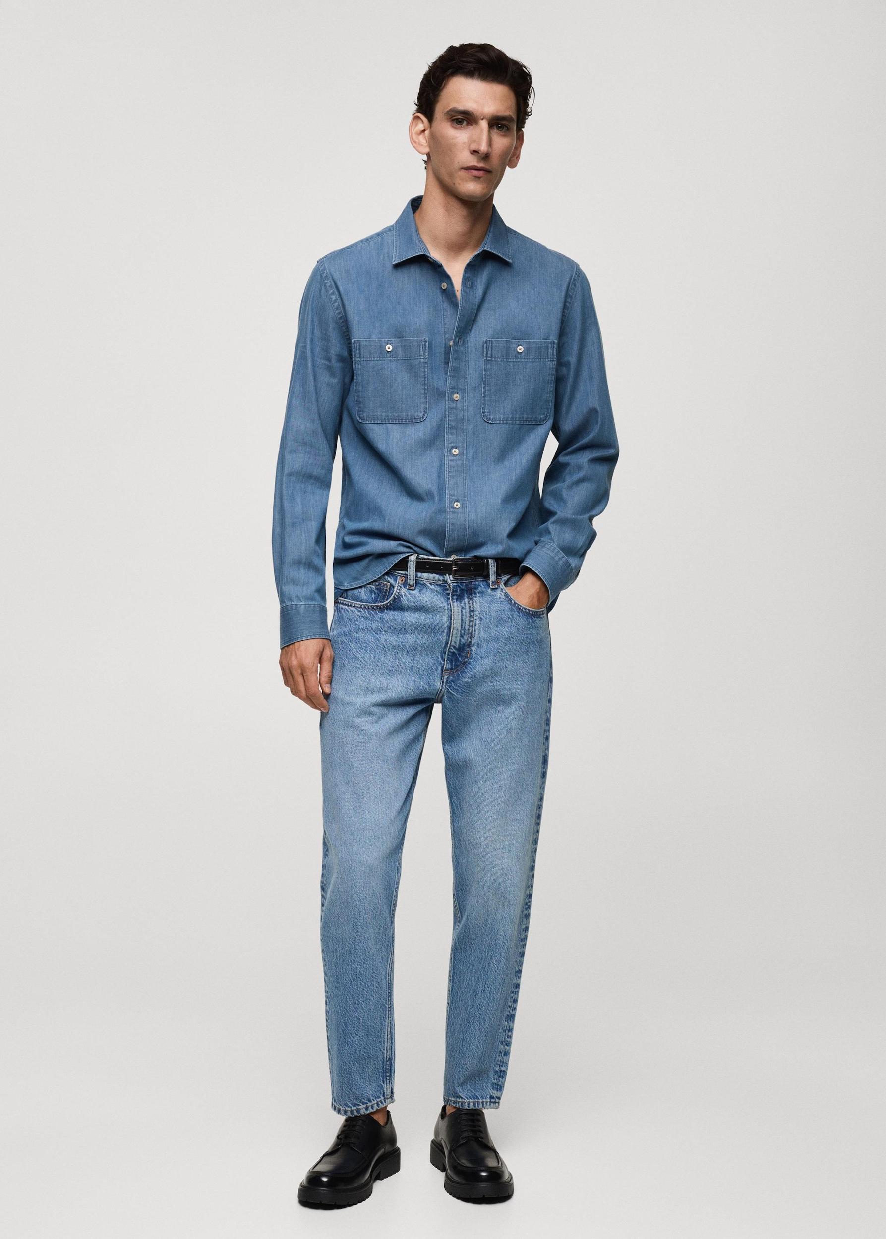 Denim overshirt with regular fit pockets - Men | MANGO USA Product Image