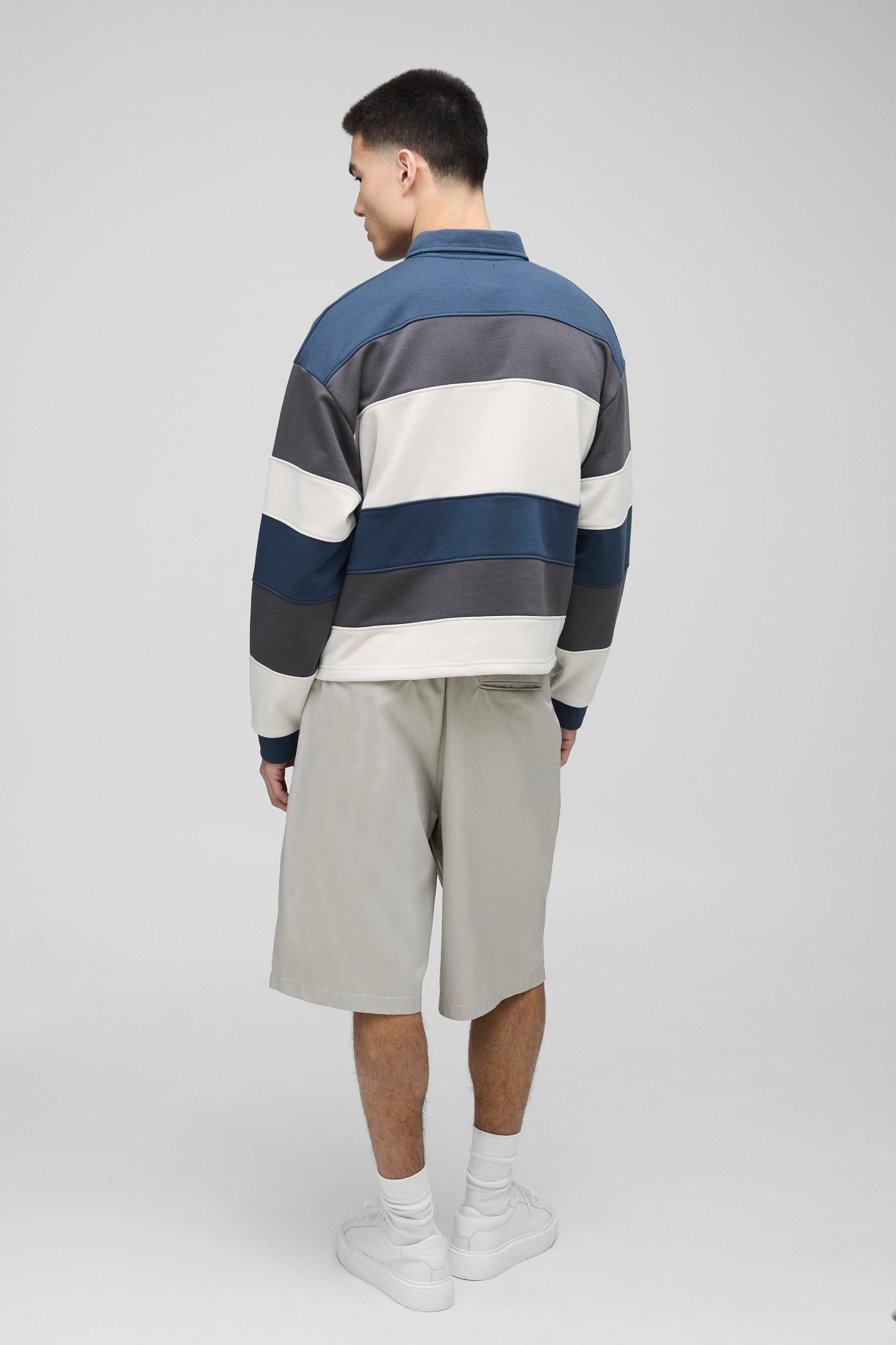 Oversized Boxy Stripe Embroidered Rugby Polo | boohooMAN USA Product Image