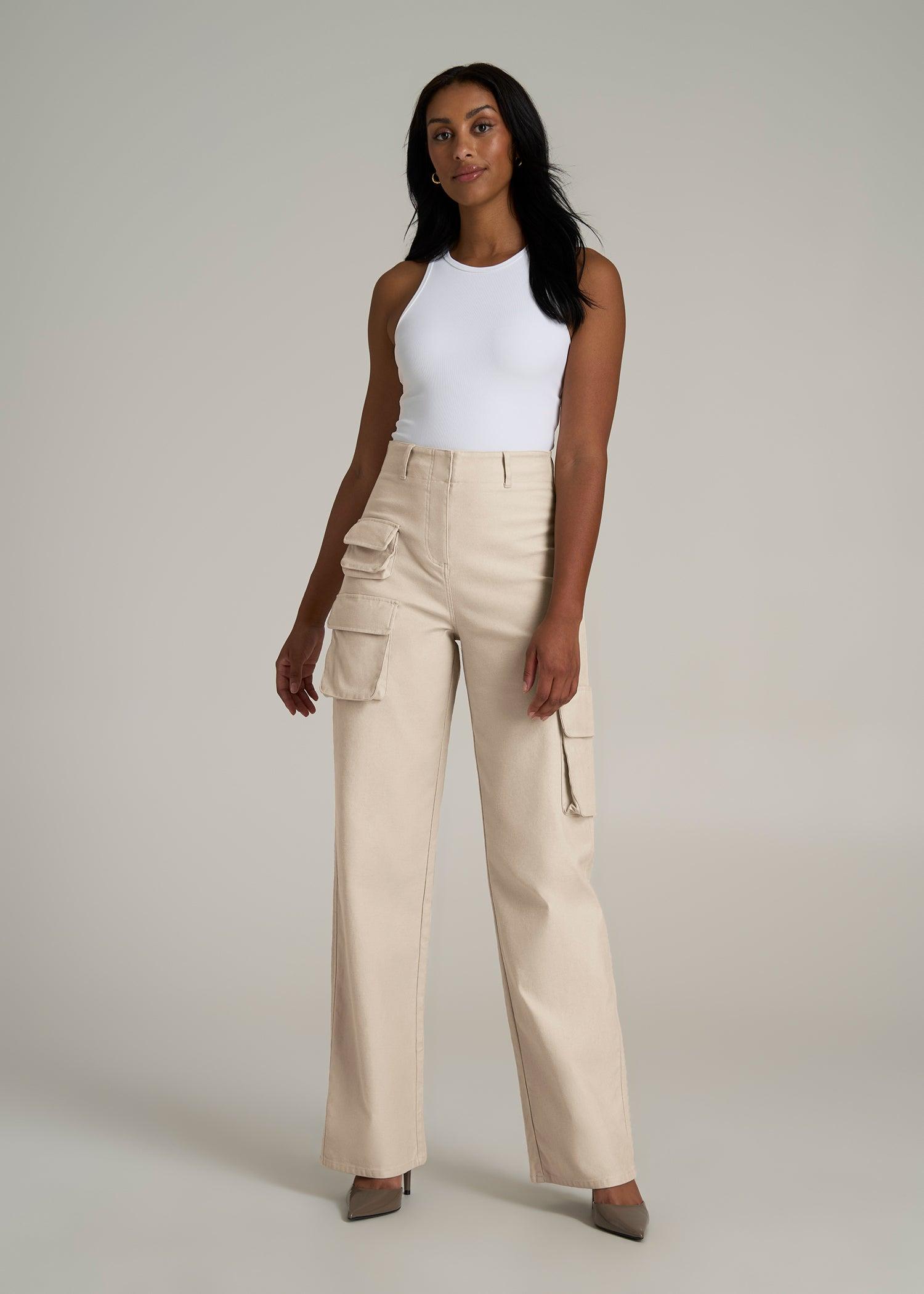 High-Waist Flat Front Cargo Pants for Tall Women in Stone Female Product Image