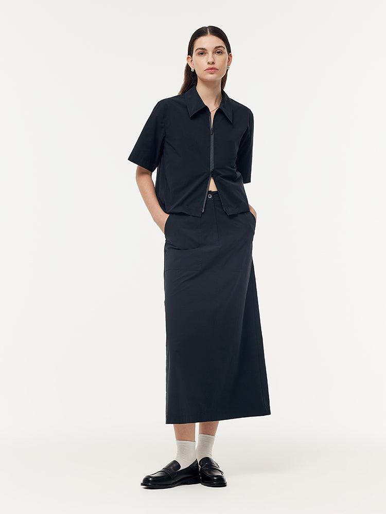 Short Sleeve Zip-Up Jacket And Adjustable Waist Skirt Two-Piece Set Product Image