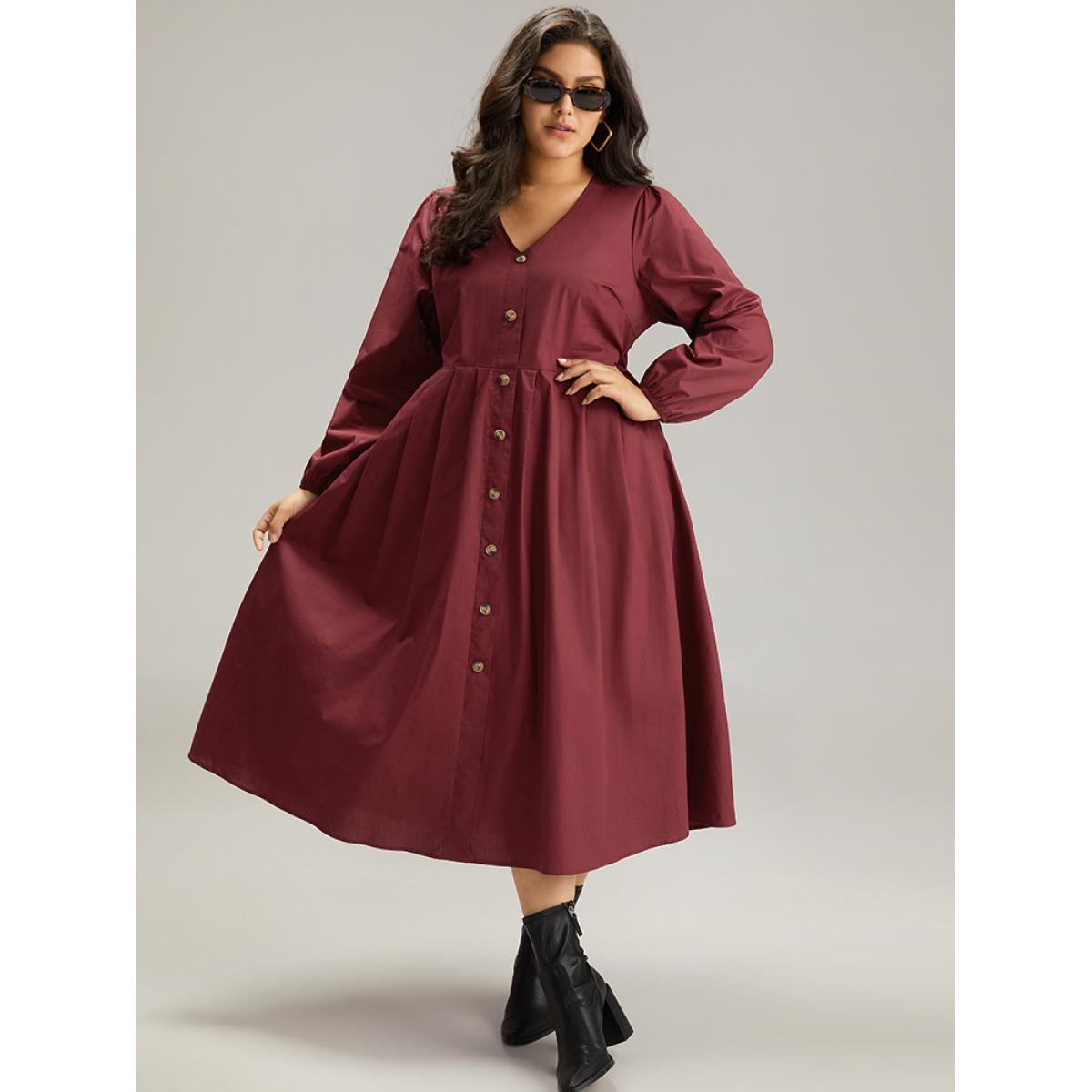 Plus Size Cotton Button Detail Elastic Cuffs Dress Burgundy Women Elegant Elastic cuffs V-neck Long Sleeve Curvy Midi Dress BloomChic 22-24/3X Product Image
