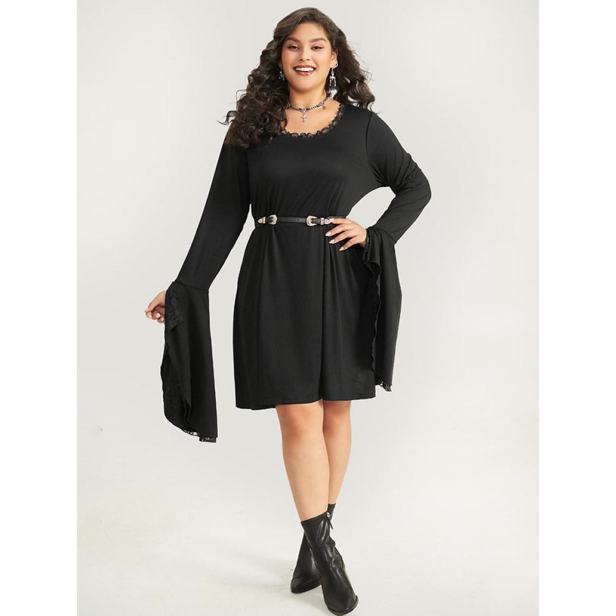 Plus Size Halloween Crochet Lace Round Neck Bell Sleeve Dress Black Women Casual Plain Round Neck Long Sleeve Curvy Knee Dress BloomChic 22-24/3X Product Image