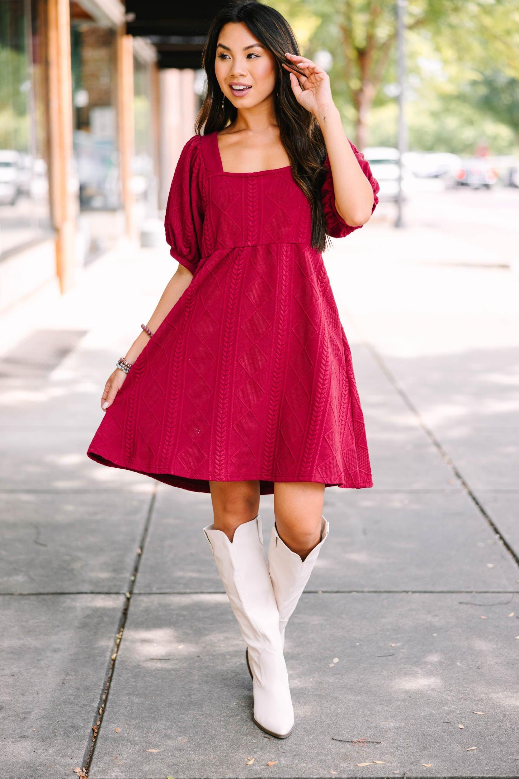 On Your Team Wine Red Cable Knit Babydoll Dress Female Product Image