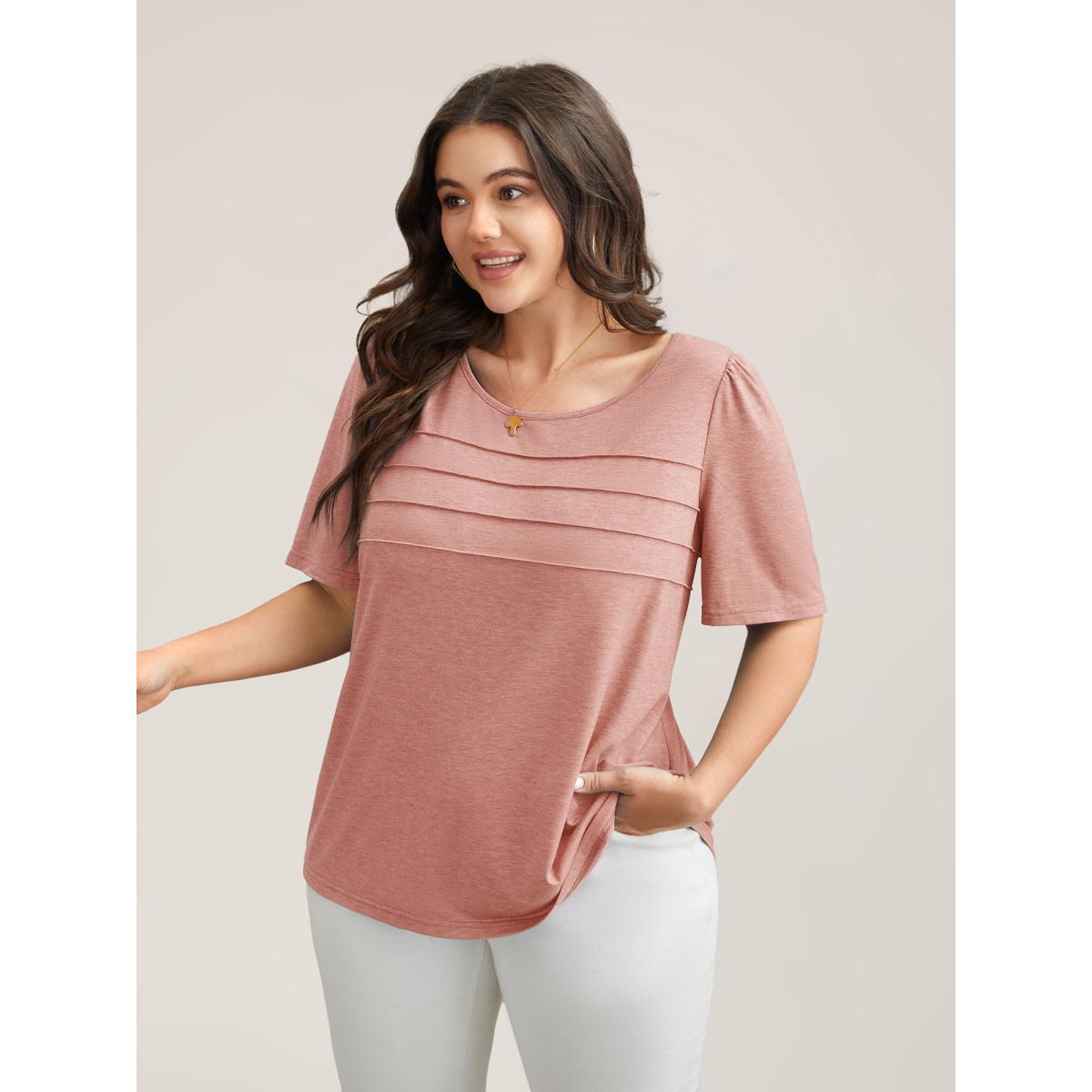 Plus Size Seamed Round Neck Fitted T-Shirt Nudepink Women Leisure Tucked seam Round Neck Casual T-shirts BloomChic 10/M Product Image