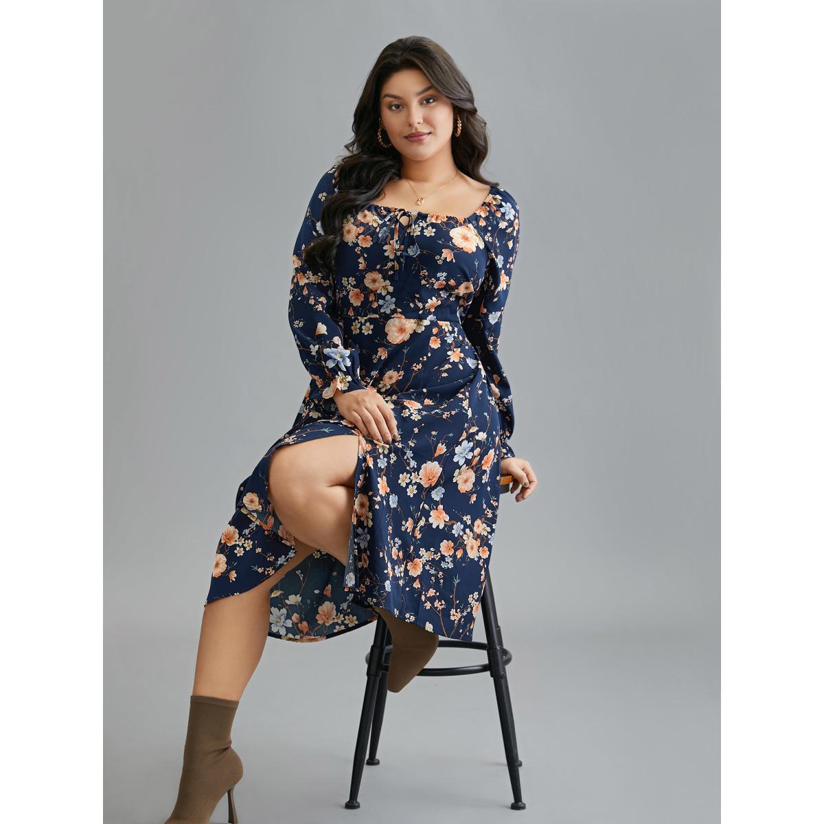 Plus Size Floral Knot Neck Split Hem Dress Indigo Women Elegant Tie knot Square Neck Long Sleeve Curvy BloomChic 30/6X Product Image