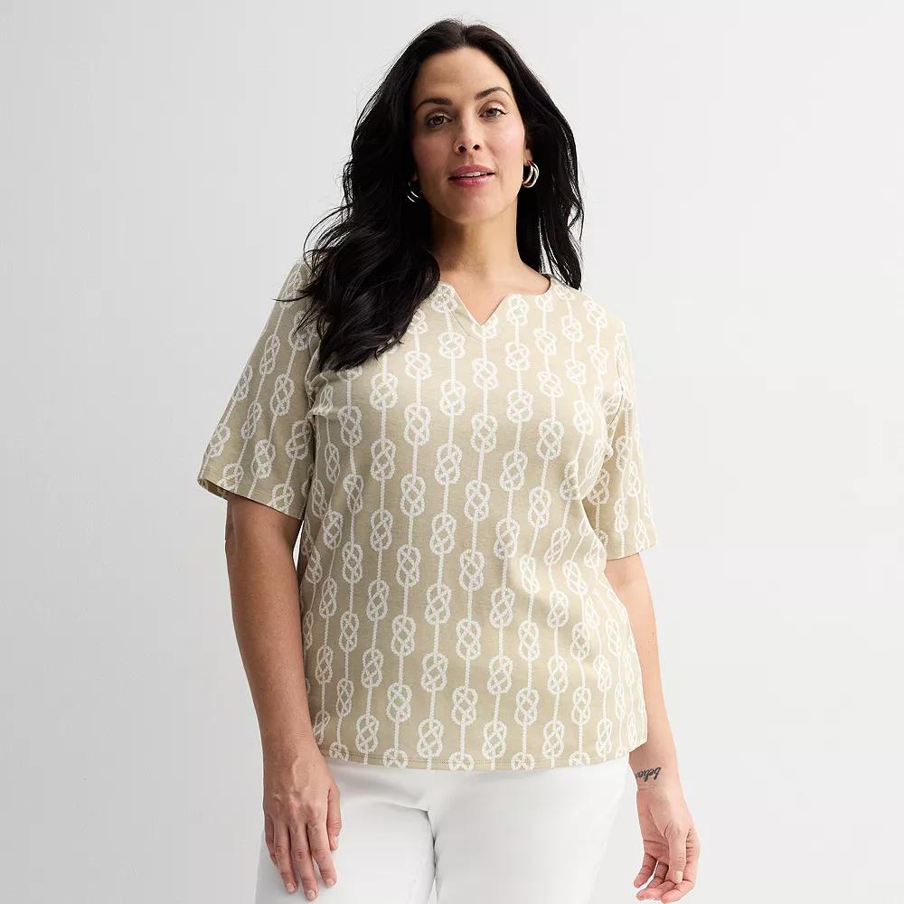 Plus Size Croft & Barrow® Elbow Sleeve Split Neck Top, Women's, Size: 5XL, Beige Nautical Rope Product Image