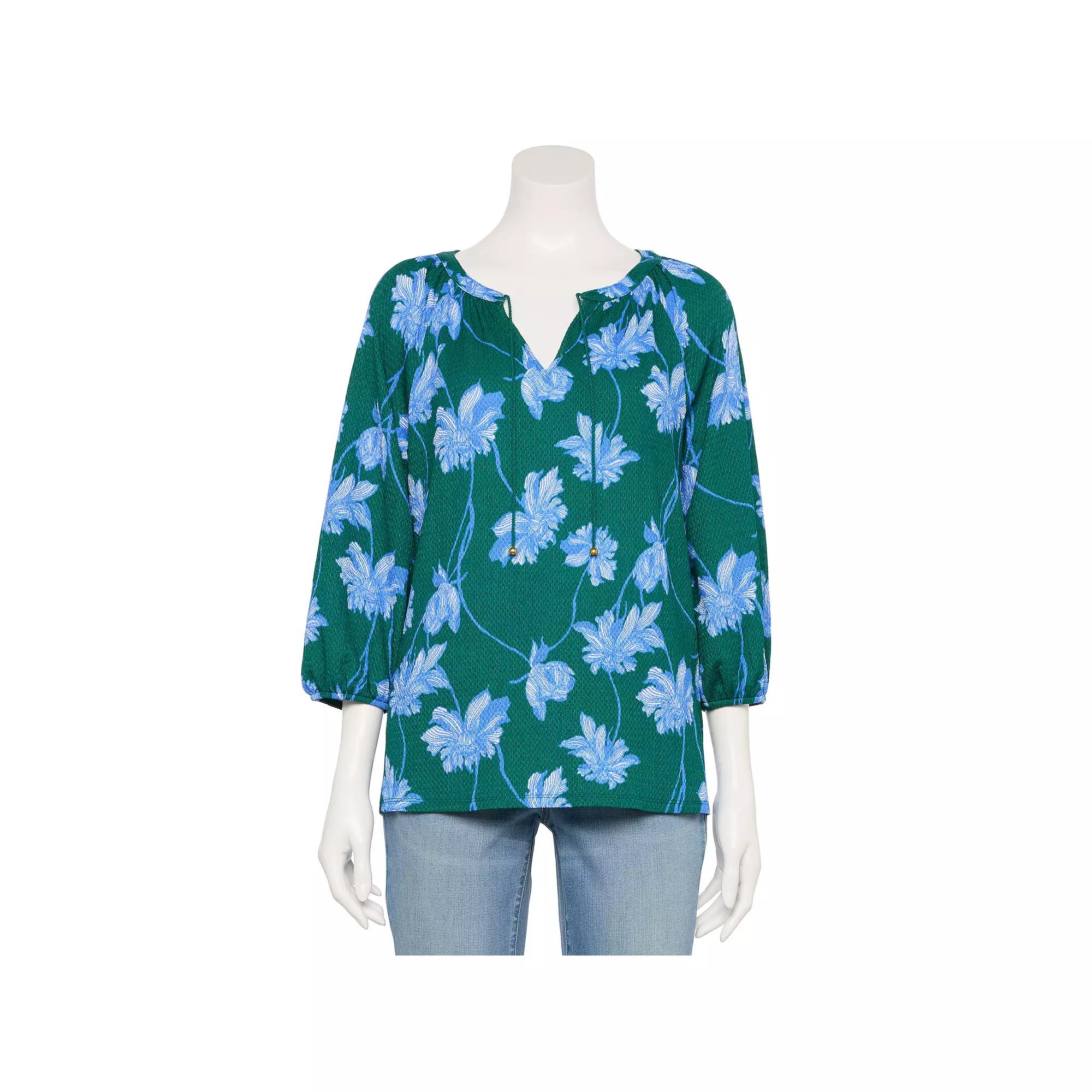 Petite Croft & Barrow® Three-Quarter Balloon Sleeve Peasant Top, Women's, Size: Large Petite, Green Linework Floral Product Image